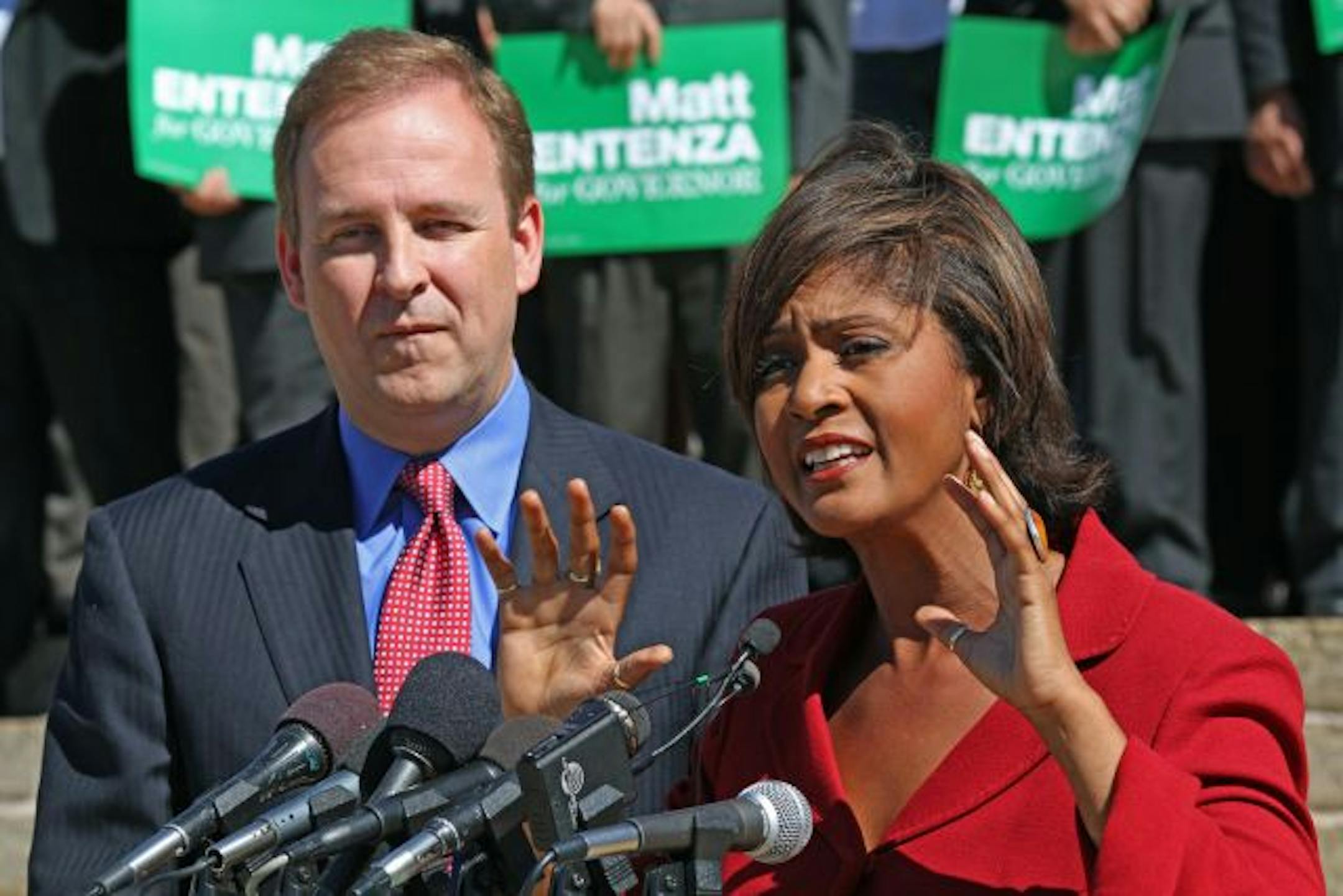 FILE -- 2010 DFL gubernatorial candidate Matt Entenza, left, and Robyne Robinson answer questions during a news conference where Entenza announced Robinson as his running mate in St. Paul, Minn., Thursday, May 27, 2010.