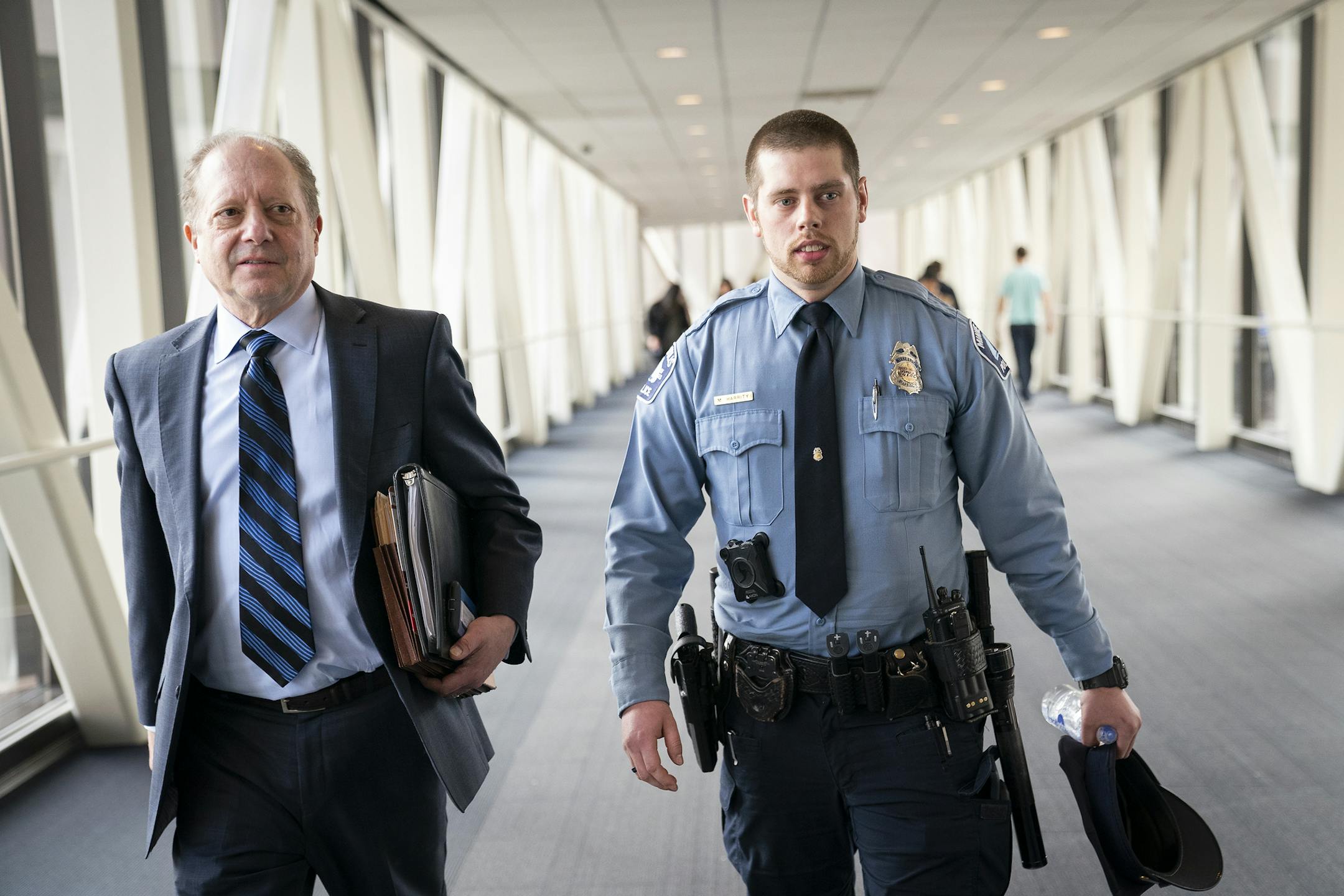 Minneapolis police officer Matthew Harrity leaves the courtroom for lunch break with his attorney Fred Bruno. ] LEILA NAVIDI &#xa5; leila.navidi@startribune.com BACKGROUND INFORMATION: Minneapolis police officer Matthew Harrity, Mohamed Noor's ex-partner, testified in the murder trial of ex-Minneapolis police officer Mohamed Noor for the shooting death of Justine Damond at the Hennepin County Government Center in Minneapolis on Thursday, April 18, 2019.