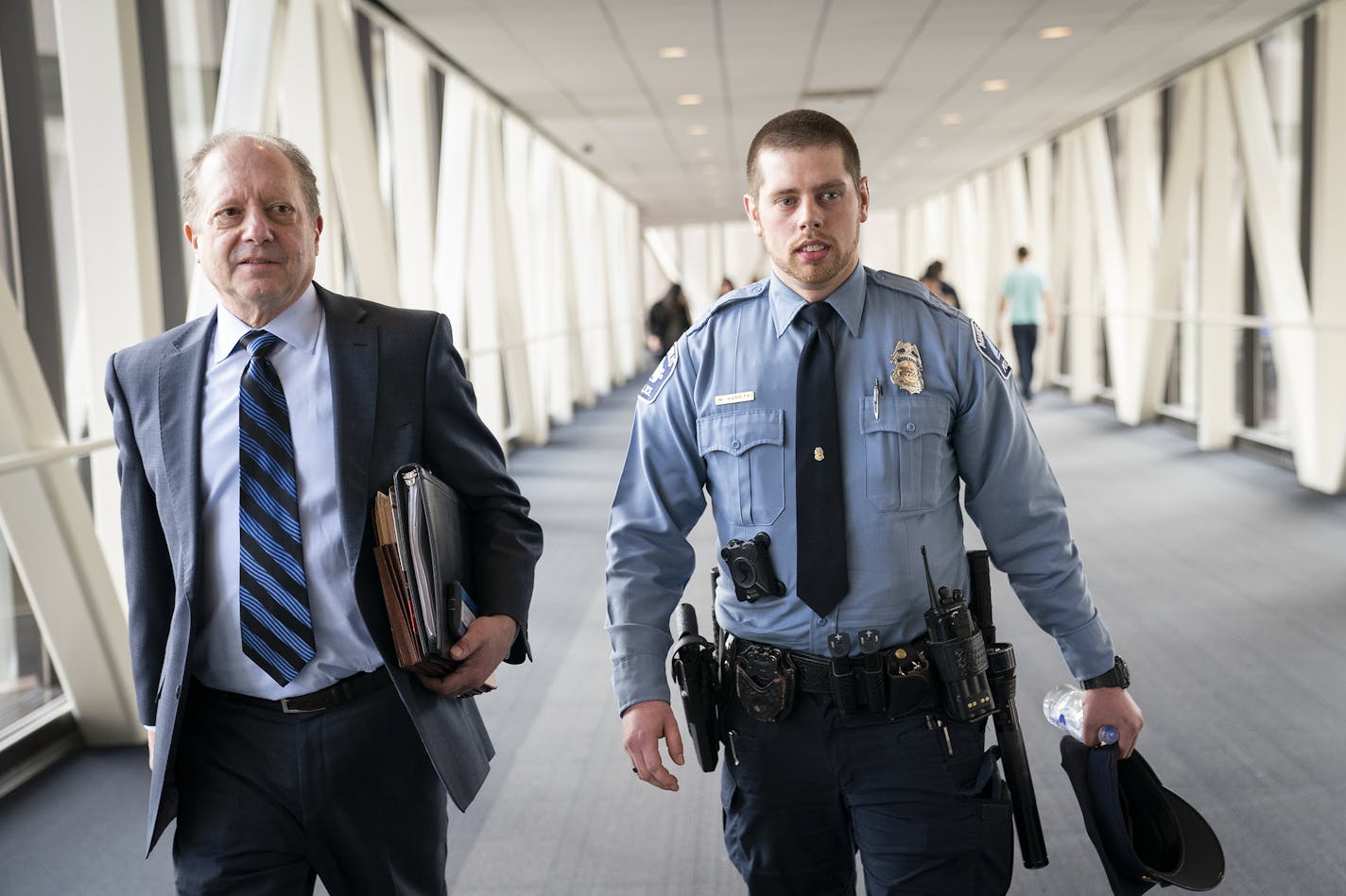 Minneapolis police officer Matthew Harrity leaves the courtroom for lunch break with his attorney Fred Bruno. ] LEILA NAVIDI &#xa5; leila.navidi@startribune.com BACKGROUND INFORMATION: Minneapolis police officer Matthew Harrity, Mohamed Noor's ex-partner, testified in the murder trial of ex-Minneapolis police officer Mohamed Noor for the shooting death of Justine Damond at the Hennepin County Government Center in Minneapolis on Thursday, April 18, 2019.