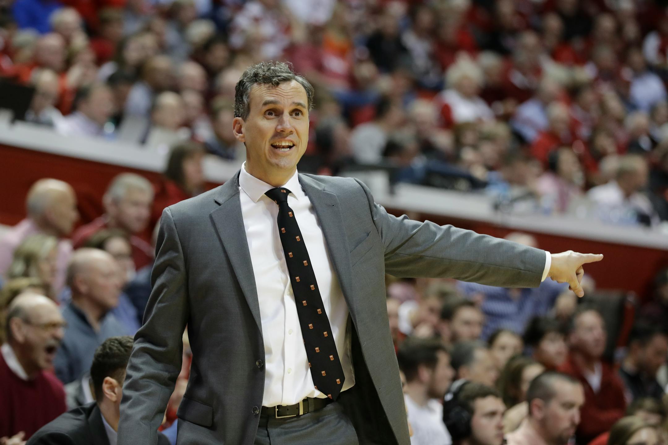 Princeton head coach Mitch Henderson in action during the second half of an NCAA college basketball game against Indiana, Wednesday, Nov. 20, 2019, in Bloomington, Ind. Indiana won 79-54. (AP Photo/Darron Cummings)