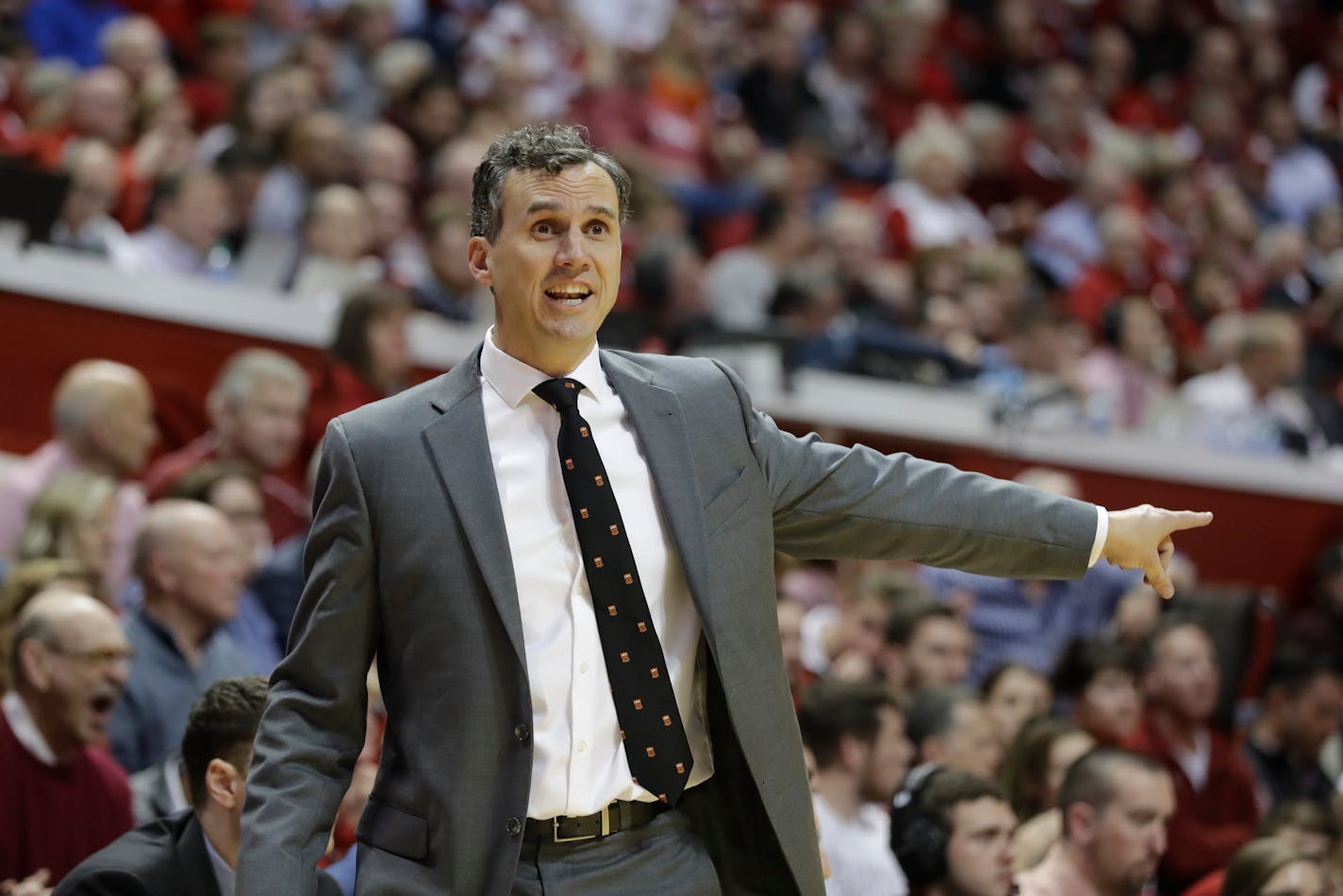 Princeton head coach Mitch Henderson in action during the second half of an NCAA college basketball game against Indiana, Wednesday, Nov. 20, 2019, in Bloomington, Ind. Indiana won 79-54. (AP Photo/Darron Cummings)