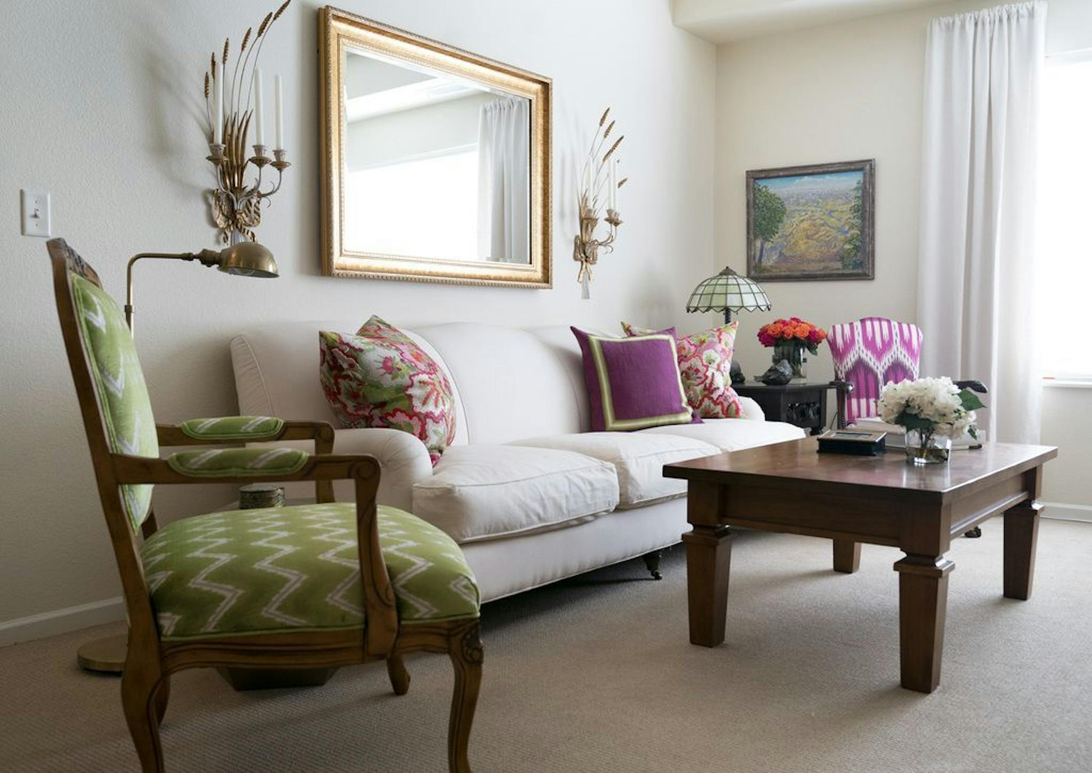 Mary Flesher's living room has bold color statements in her new apartment designed by her son award winning designer Andrew Flesher in Edina, Minn., on Wednesday, February 27, 2019.