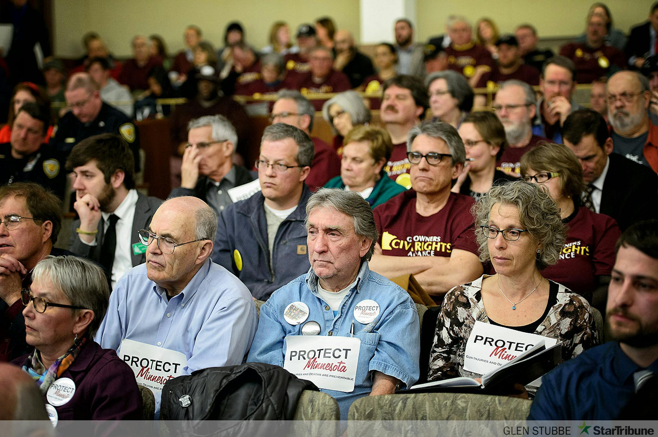 Supporters for gun owners rights groups and anti-gun forces attended a hearing at the State Capitol for a bill that would allow suppressors or silencers on guns in Minnesota.   ] GLEN STUBBE * gstubbe@startribune.com  Thursday, March 12, 2015