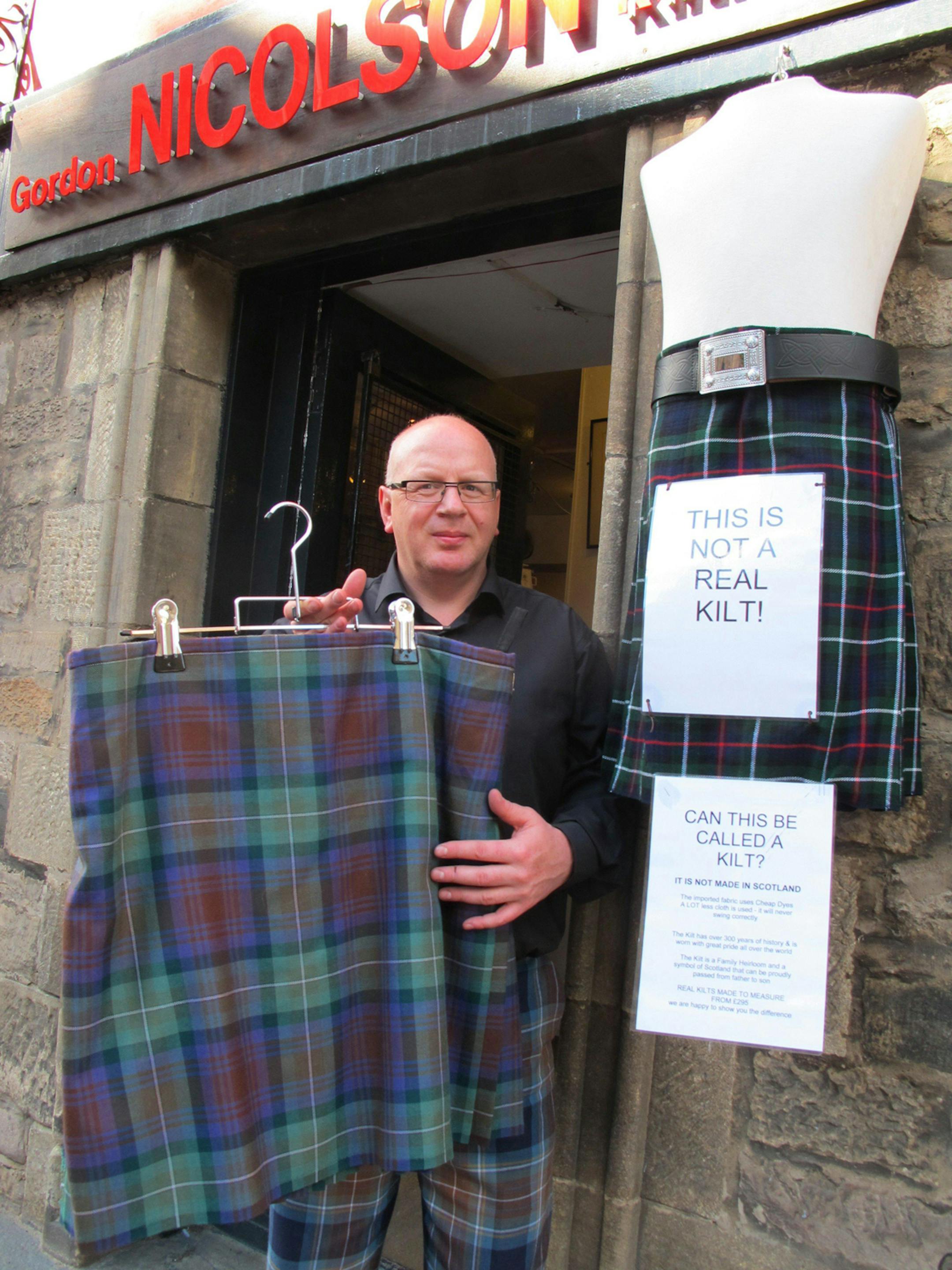 The kilt wars pits Gordon Nicolson, of Gordon Nicolson Kiltmakers, with his next-door neighbor, whom he claims is just one of many shops in Edinburgh, Scotland selling knock-off kilts for about $50, ruining things for genuine Scottish kiltmakers.