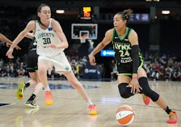Lynx forward Napheesa Collier drives past New York Liberty forward Breanna Stewart on May 25 at Target Center. The two will meet again one month later