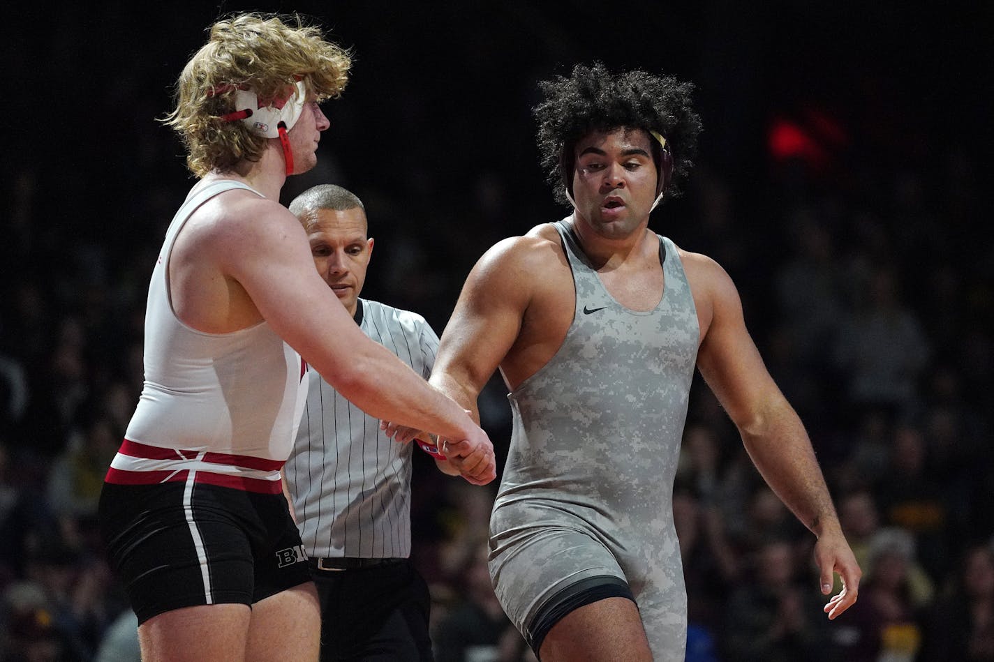 Minnesota's Gable Steveson was declared the winner against Wisconsin's Trent Hillger Friday night. ] ANTHONY SOUFFLE • anthony.souffle@startribune.com Gable Steveson wrestled in Minnesota for first time since his suspension as the Gophers faced Wisconsin Friday, Jan. 10, 2020 at the Maturi Pavilion in Minneapolis