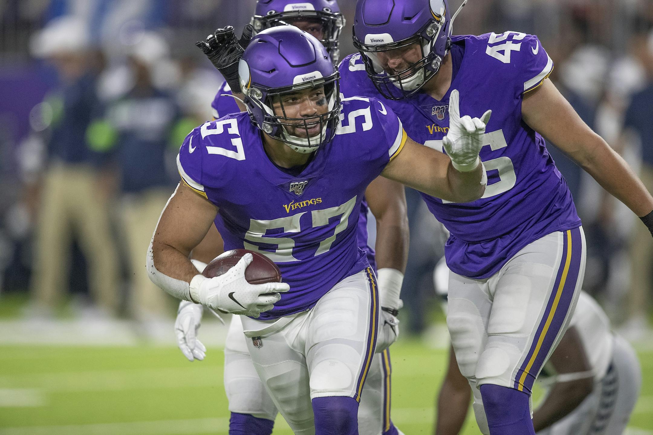 Vikings linebacker Devante Downs celebrated after intercepting the ball in the last second of the game against the Seattle Seahawks at US Bank Stadium, Sunday, August 18, 2019 in Minneapolis, MN.
