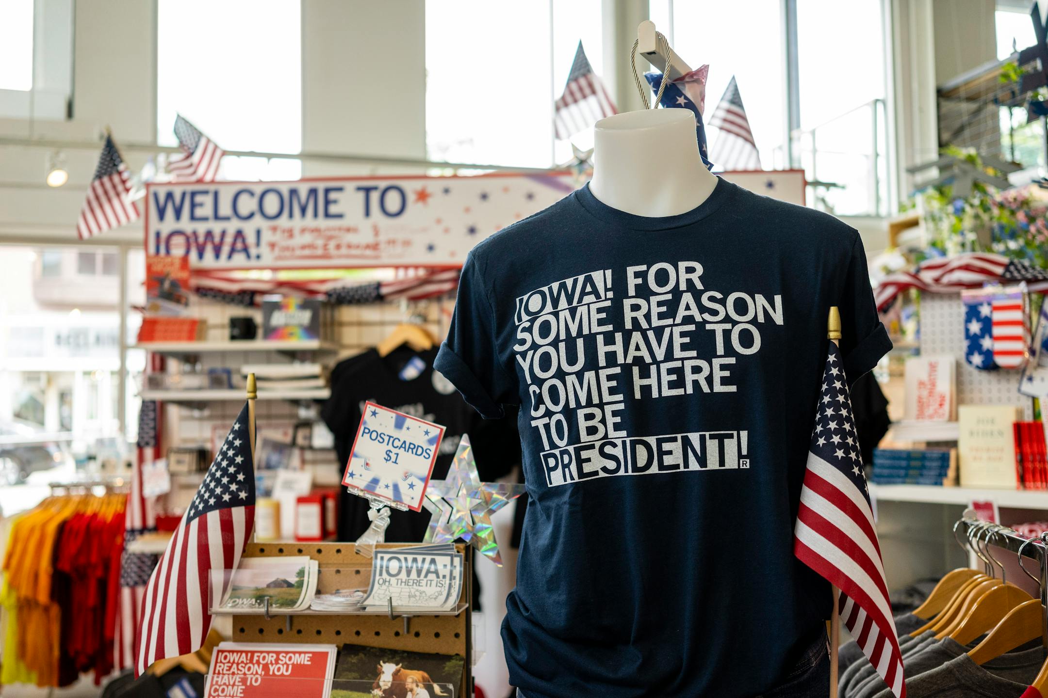 Raygun in Des Moines, Iowa, offers clever and politically charged gifts, including one T-shirt that reads: "Iowa! For some reason you have to come here to be president!" MUST CREDIT: Photo for The Washington Post by KC McGinnis ORG XMIT: 142.0.745136361