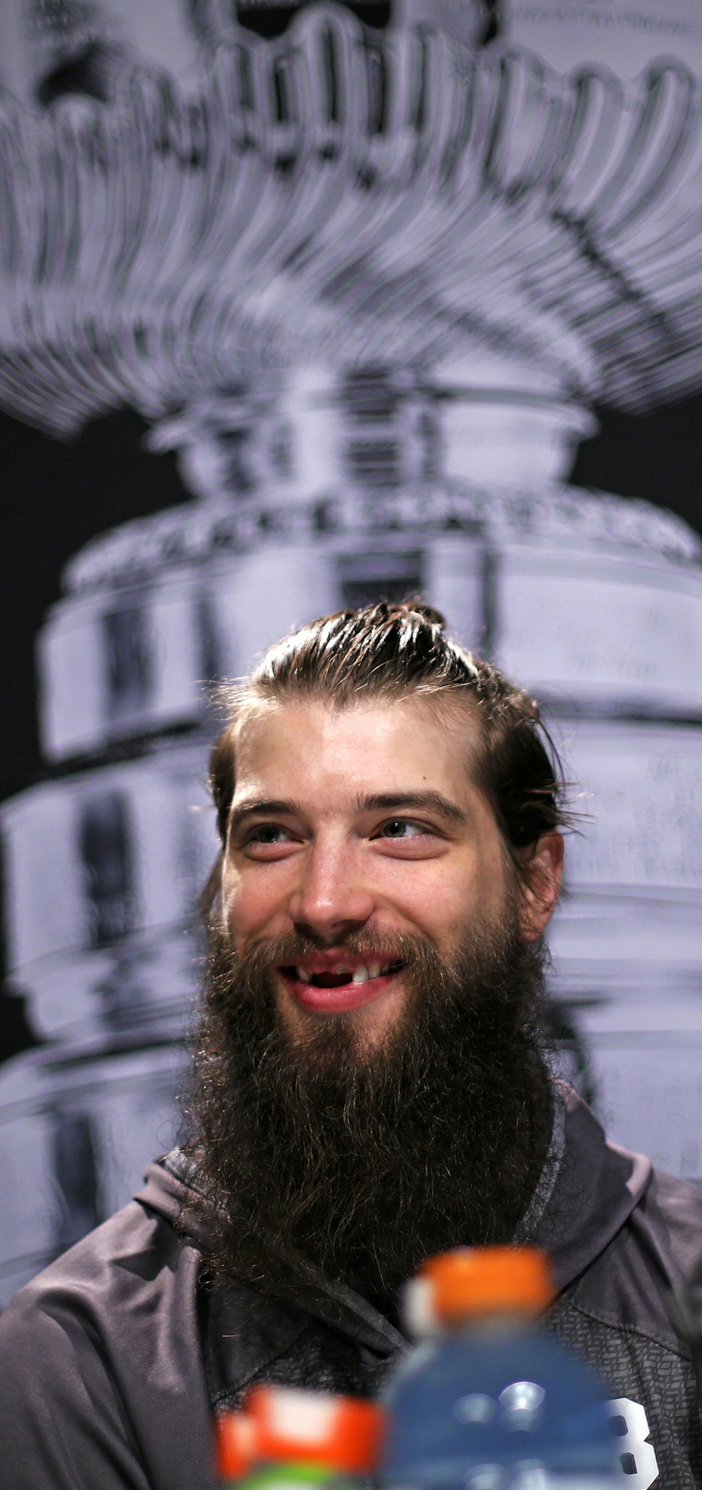 San Jose Sharks' Brent Burns talks to reporters during Stanley Cup Finals Media Day at the Consol Energy Center in Pittsburgh, Sunday May 29, 2016. The Sharks face-off in Game 1 of the Stanley Cup Finals against the Pittsburgh Penguins on Monday, May 30, in Pittsburgh. (AP Photo/Gene J. Puskar) ORG XMIT: PAGP111