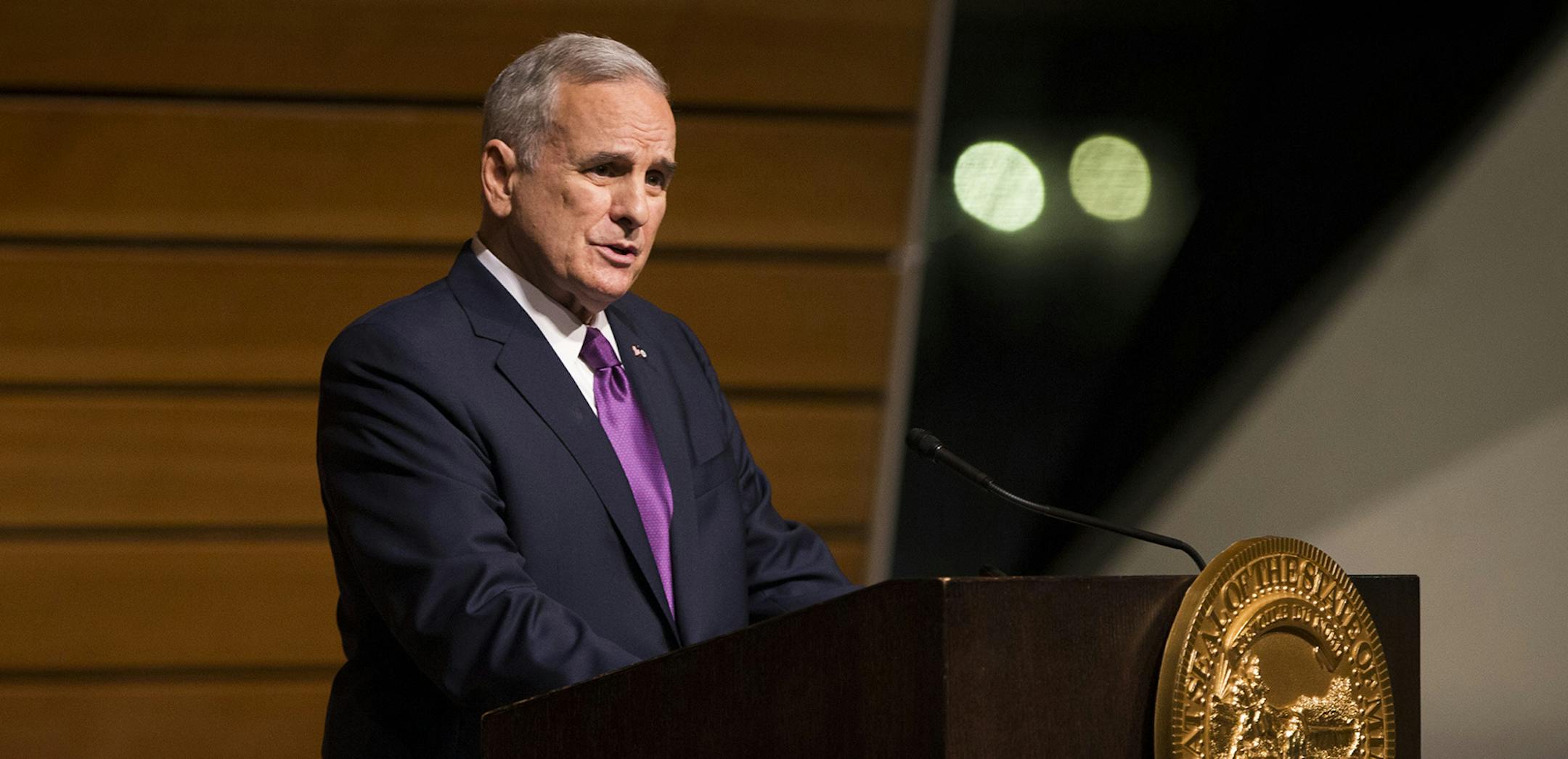 Gov. Mark Dayton gave his State of the State address at the University of Minnesota's McNamara Alumni Center on March 9, 2016, in Minneapolis.