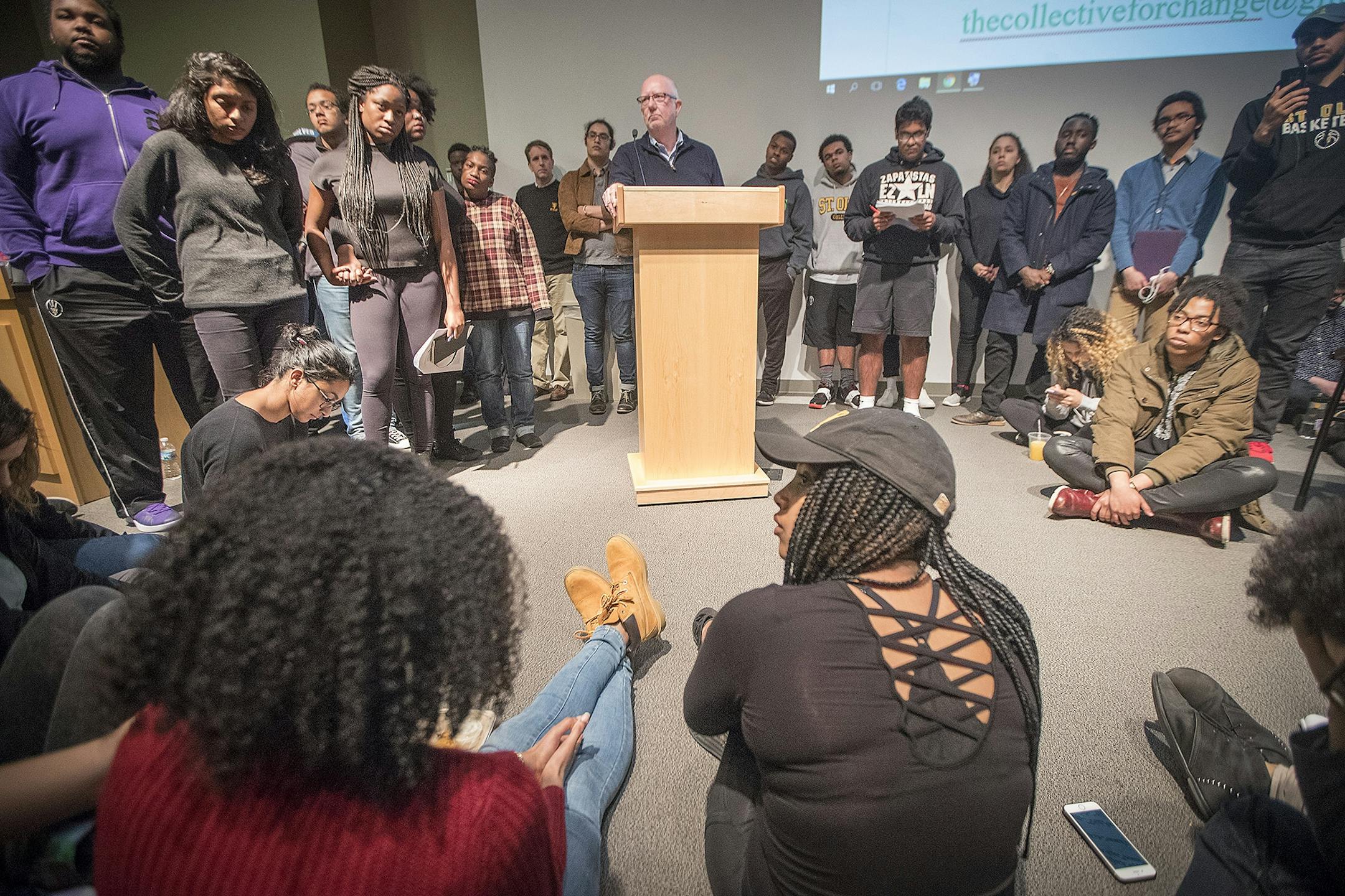 St. Olaf President David R. Anderson spoke to students May 1 who demanded action after a racist note was reported on campus. The college now says a student admitted the note was fabricated.