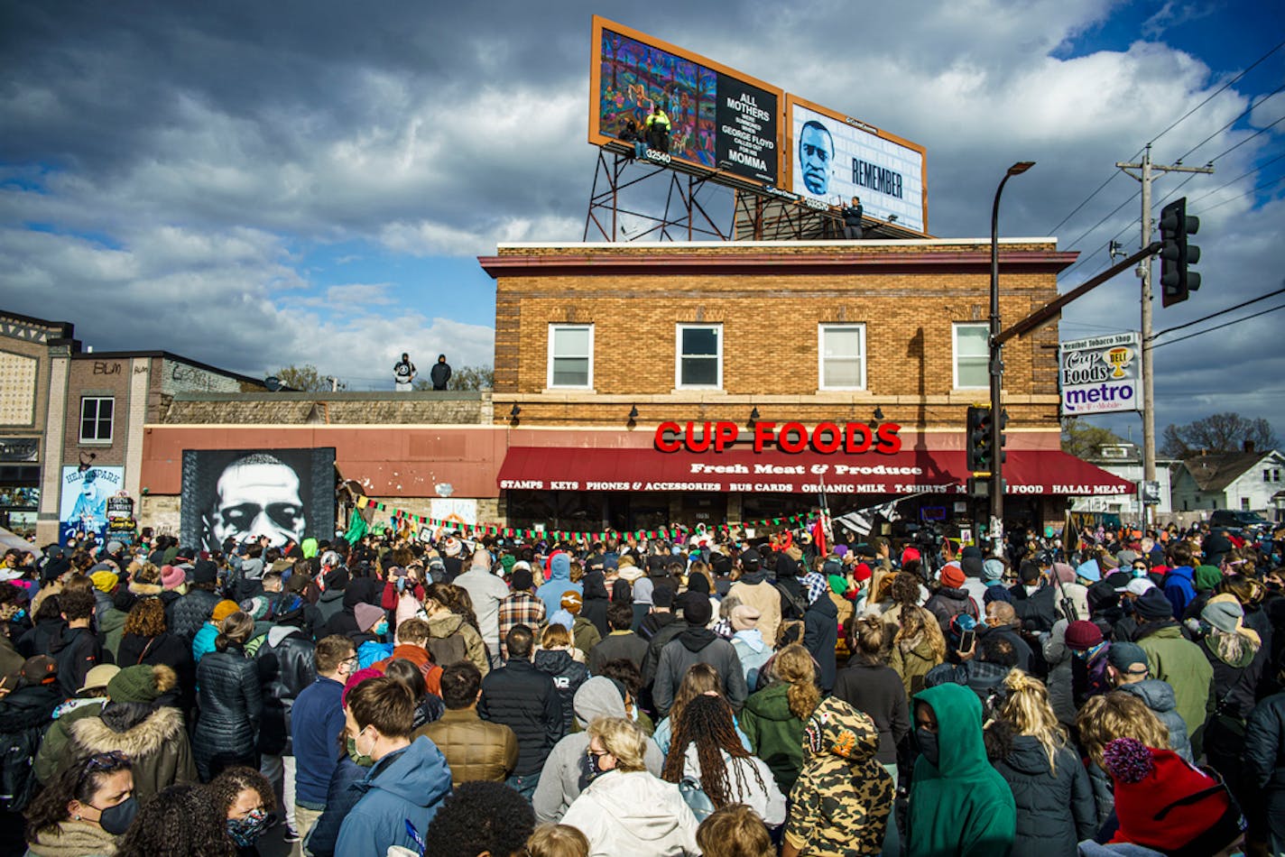 At George Floyd Square, people celebrated the conviction verdict in the murder trial of former Minneapolis police officer Derek Chauvin, Tuesday, April 20, 2021 in Minneapolis. Chauvin was on trial in the death of George Floyd, a Black man who died in police custody in May, 2020.] RICHARD TSONG-TAATARII ¥ Richard.Tsong-Taatarii@startribune.com