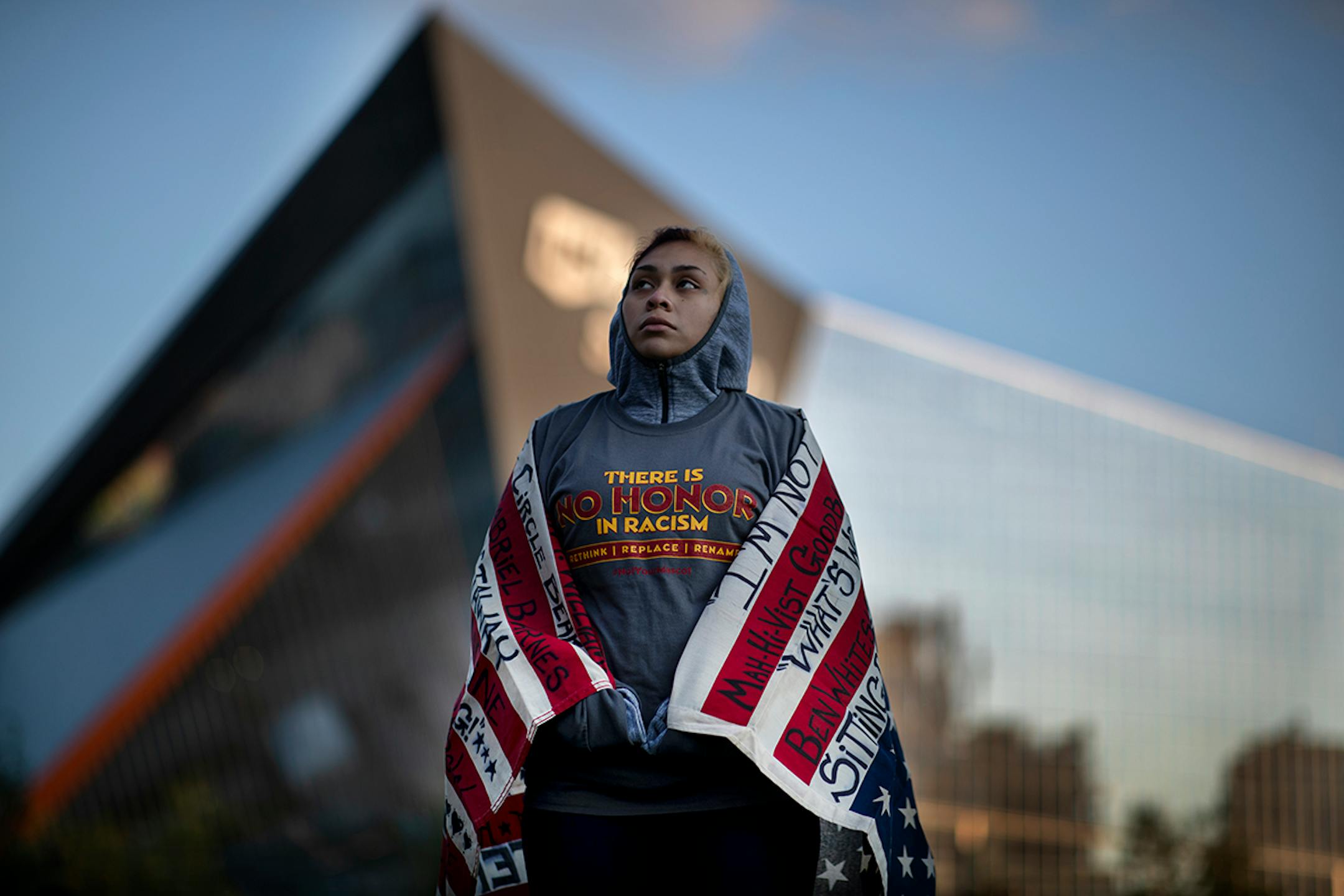 Nelly Tay Godoy protested the Washington Redskins name with a group of Native Americans who gathered before an NFL game against the Minnesota Vikings, Thursday, Oct. 24, 2019 in Minneapolis.