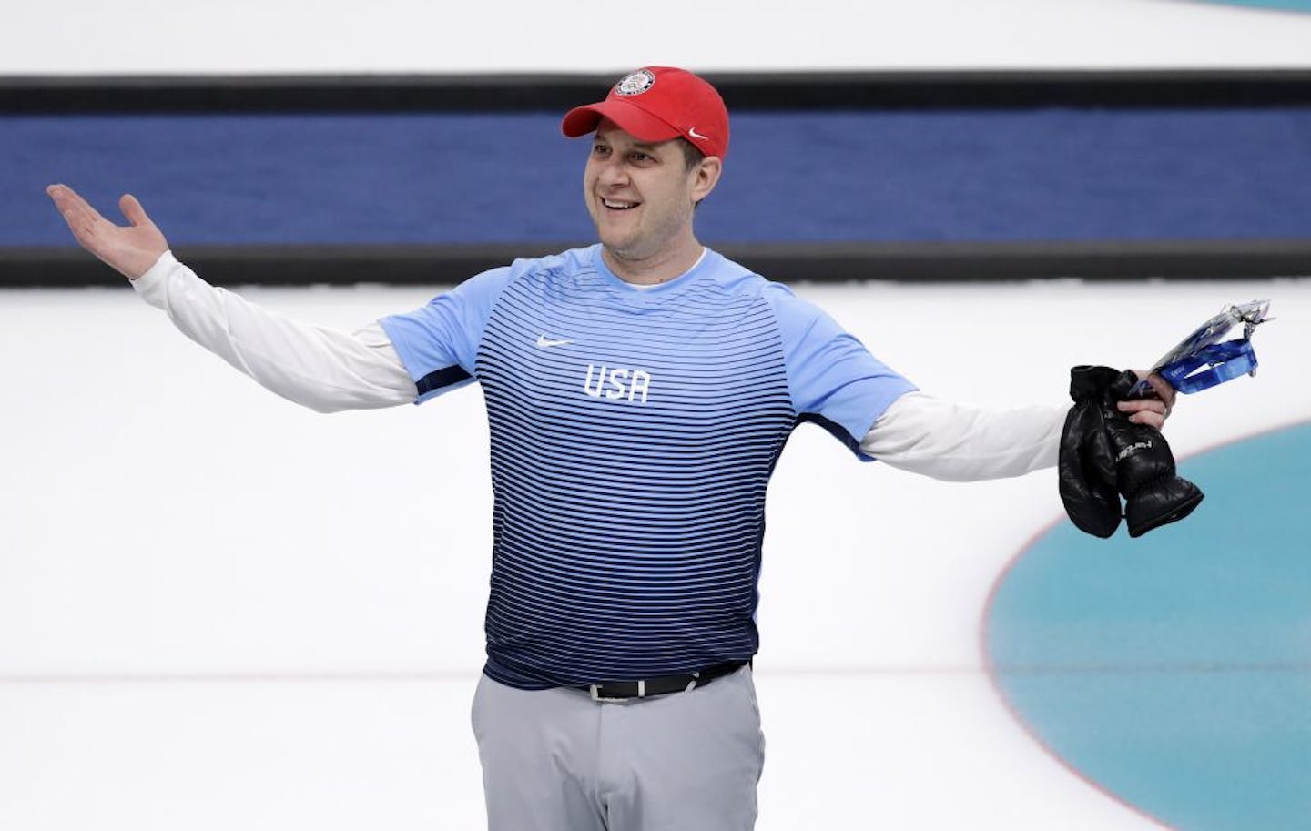 United States' skip John Shuster reacts after defeating Canada during the men's curling semi-final match at the 2018 Winter Olympics in Gangneung, South Korea, Thursday, Feb. 22, 2018. United States won.