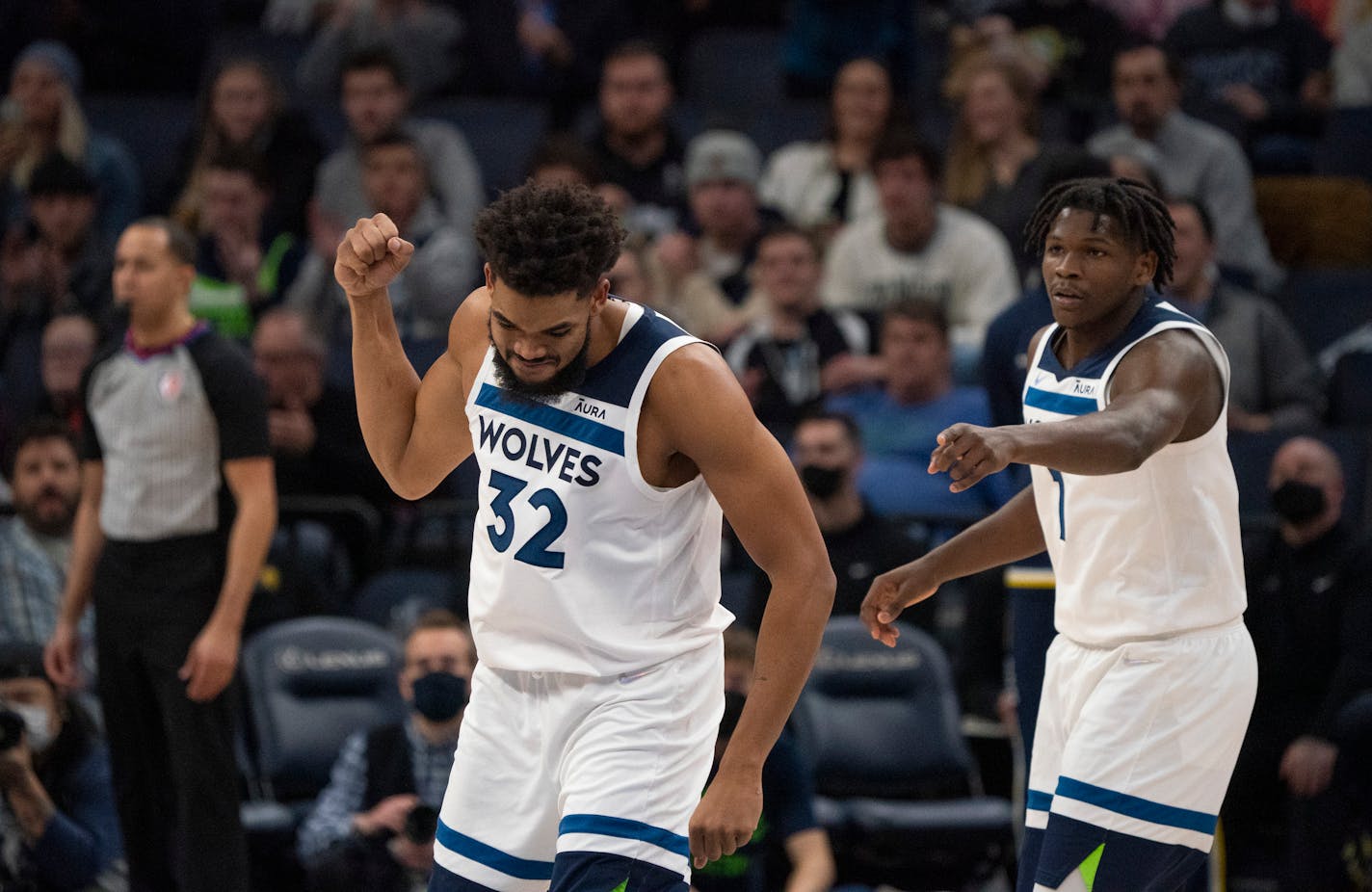 Timberwolves center Karl-Anthony Towns reacted to sinking a three-pointer against Indiana in November.