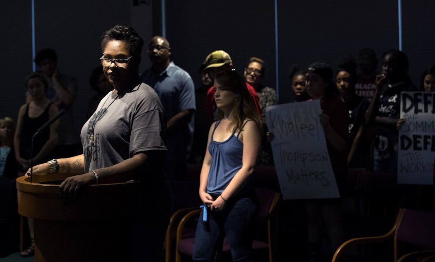 Naomi Thompson mother of Khaleel Thompson spoke at a Crystal city council meeting.