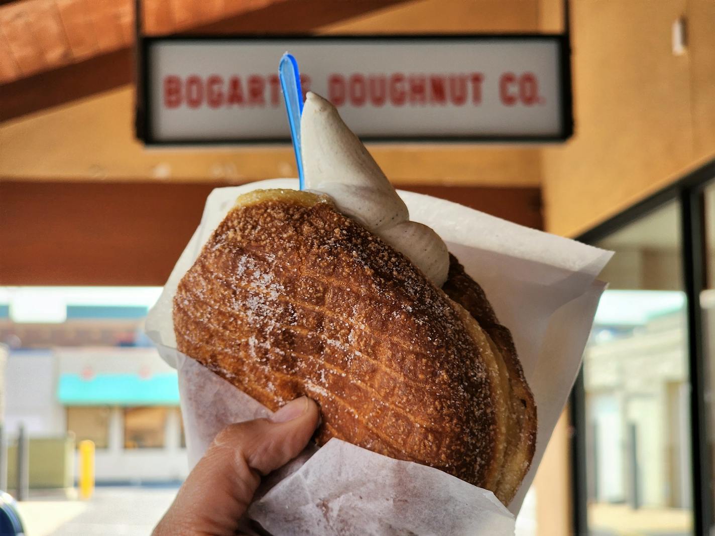 Brown butter ice cream in a brioche doughnut at Bogart's.