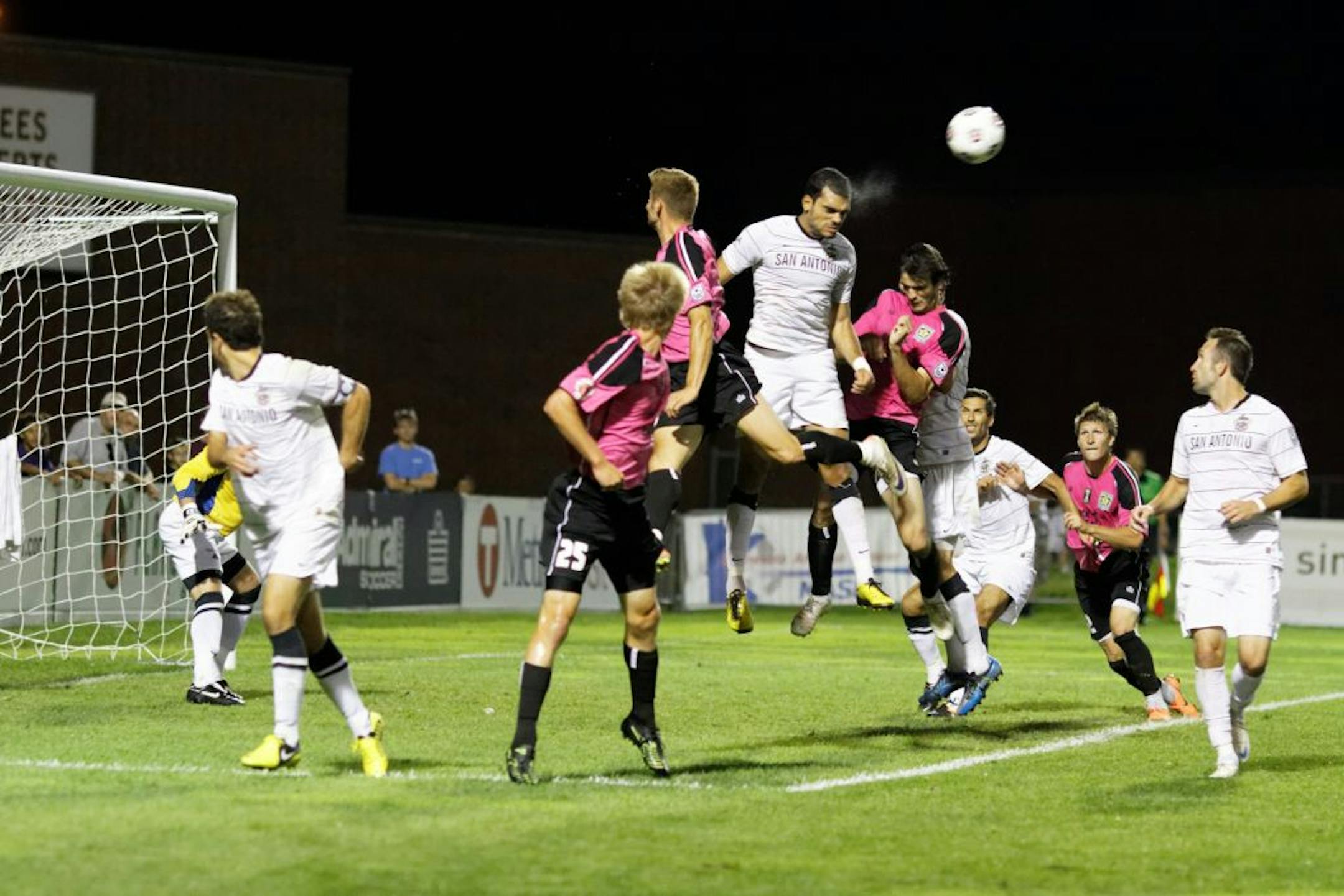 New player Pablo Campos, shown in white last season in the middle (header), of the Minnesota Stars FC.