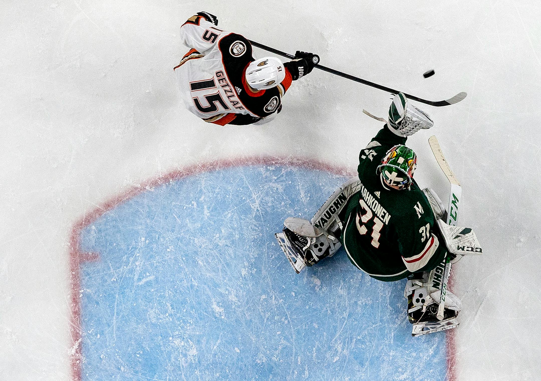Wild goalie Kaapo Kahkonen made a save in the second period against the Ducks on Tuesday.