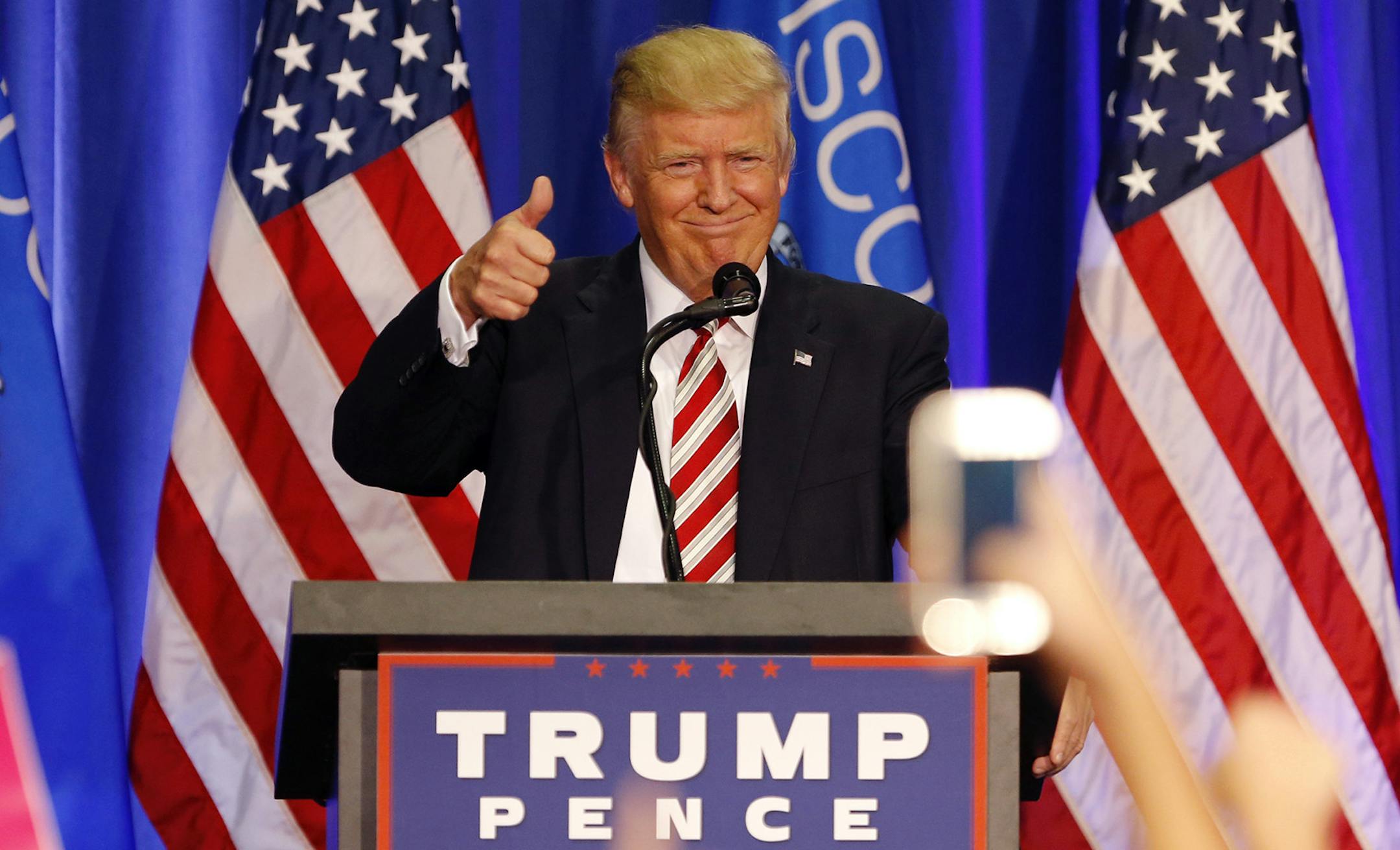 Republican presidential candidate Donald Trump speaks at a campaign rally in West Bend, Wis., Tuesday, Aug. 16, 2016. (AP Photo/Gerald Herbert) ORG XMIT: MIN2016081622530559