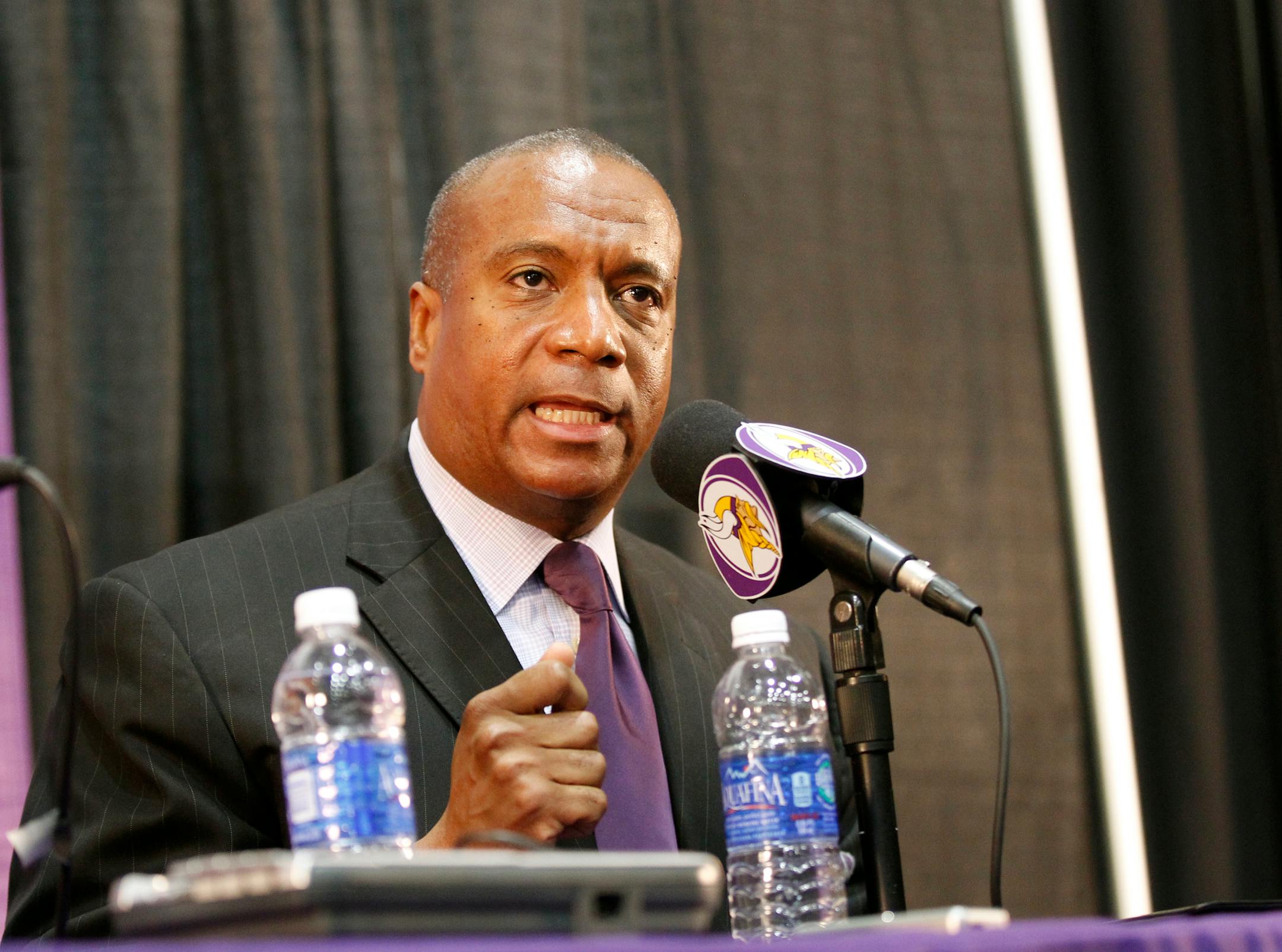 Minnesota Vikings executive vice president legal affairs Kevin Warren speaks during a news conference in Eden Prairie, Minn., Wednesday, Sept. 17, 2014. Hours after reversing course and benching Adrian Peterson indefinitely, Zygi Wilf said that the team "made a mistake" in bringing back their superstar running back following his indictment on a felony child-abuse charge in Texas. (AP Photo/Ann Heisenfelt)