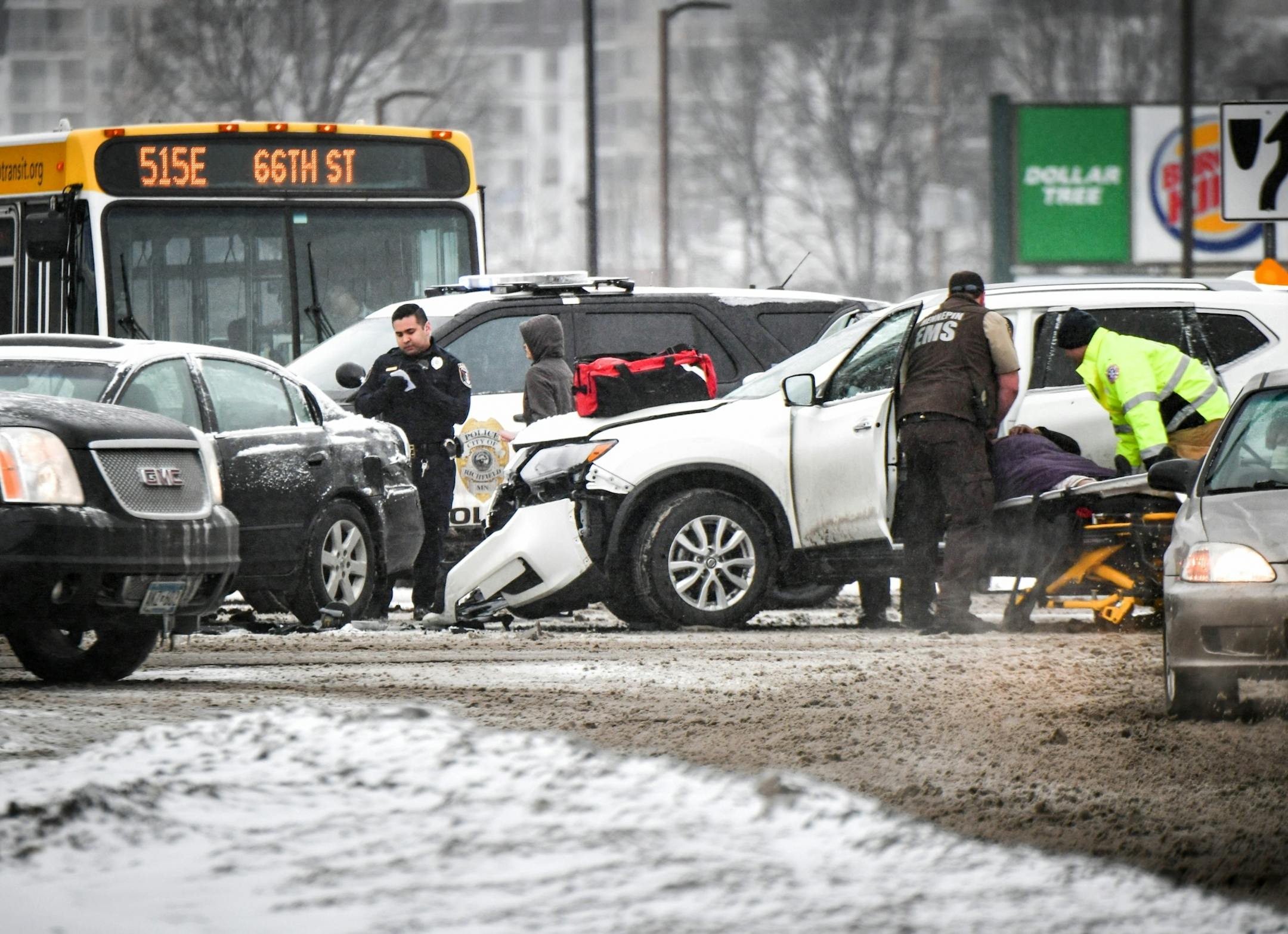 Several people were injured in a vehicle crash that occurred at a slick intersection of Nicollet Ave and 66th St in Richfield early Monday afternoon. Roads, especially in the southern part of the state, were slick from a wintery mix of sleet and snow.