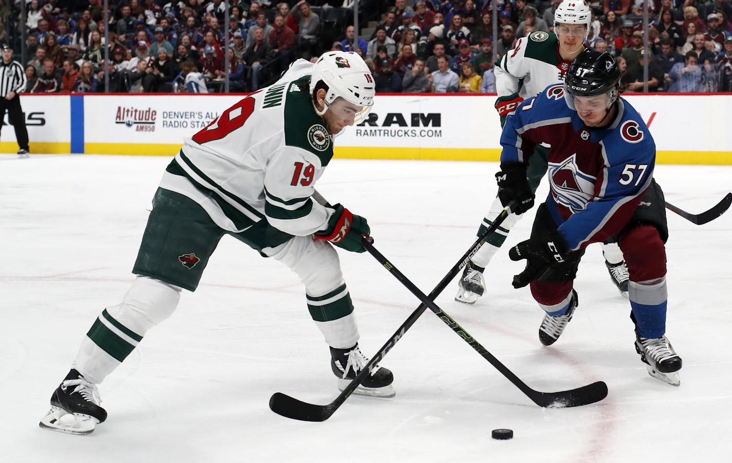 Wild center Luke Kunin, left, took on Gabriel Bourque and the Avalanche on Friday. Two nights later, a knee injury against the Detroit Red Wings ended the former No. 1 draft choice's season.