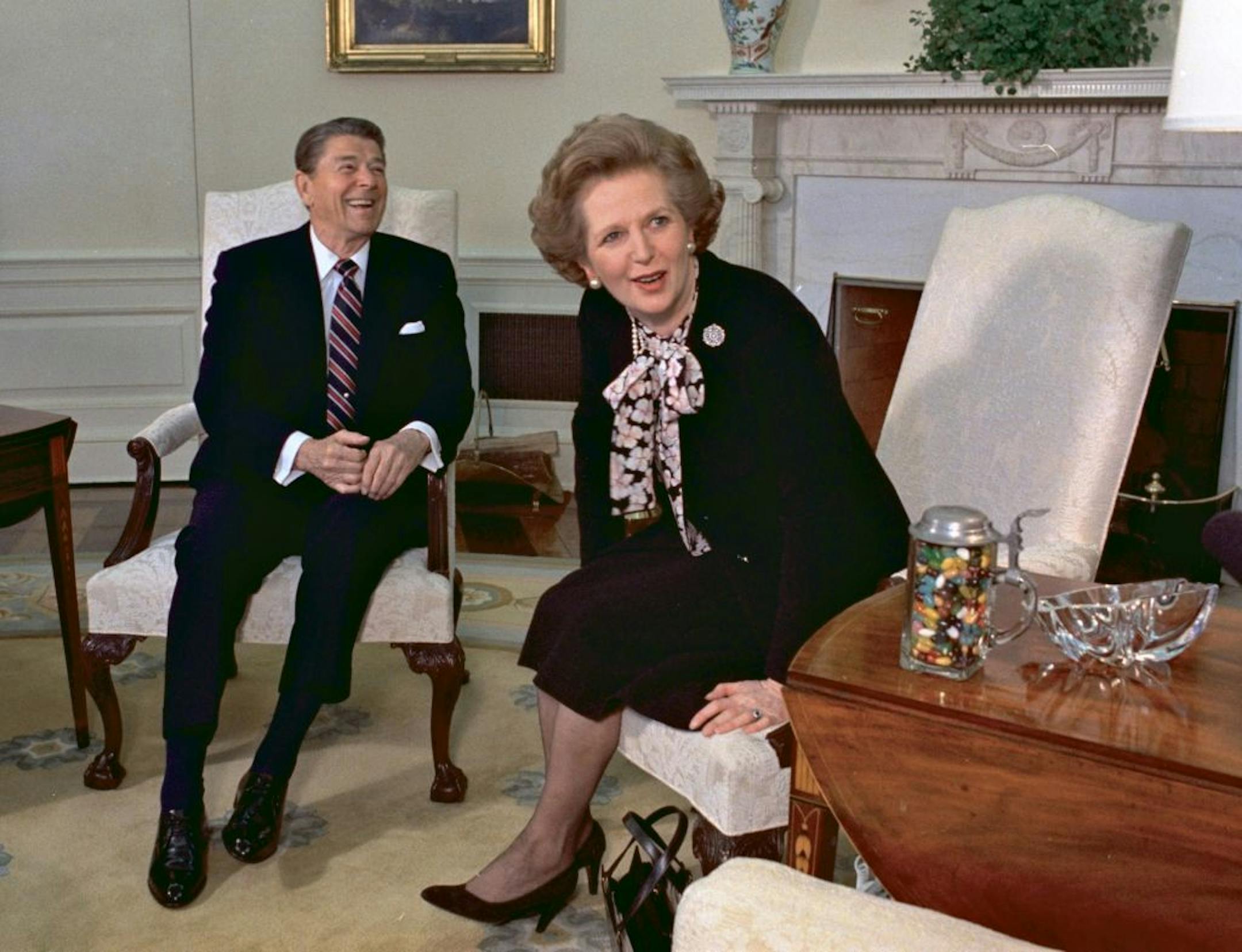1985 photo: British Prime Minister Margaret Thatcher is seen with her friend and political ally President Ronald Reagan during a visit to the White House in Washington. Thatcher, who led Britain for 11 years, died of a stroke Monday morning, April 8, 2013.