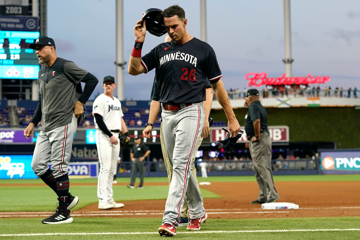 Max Kepler led off Monday’s game with a home run, but later left because of a knee injury when he hit first base awkwardly.