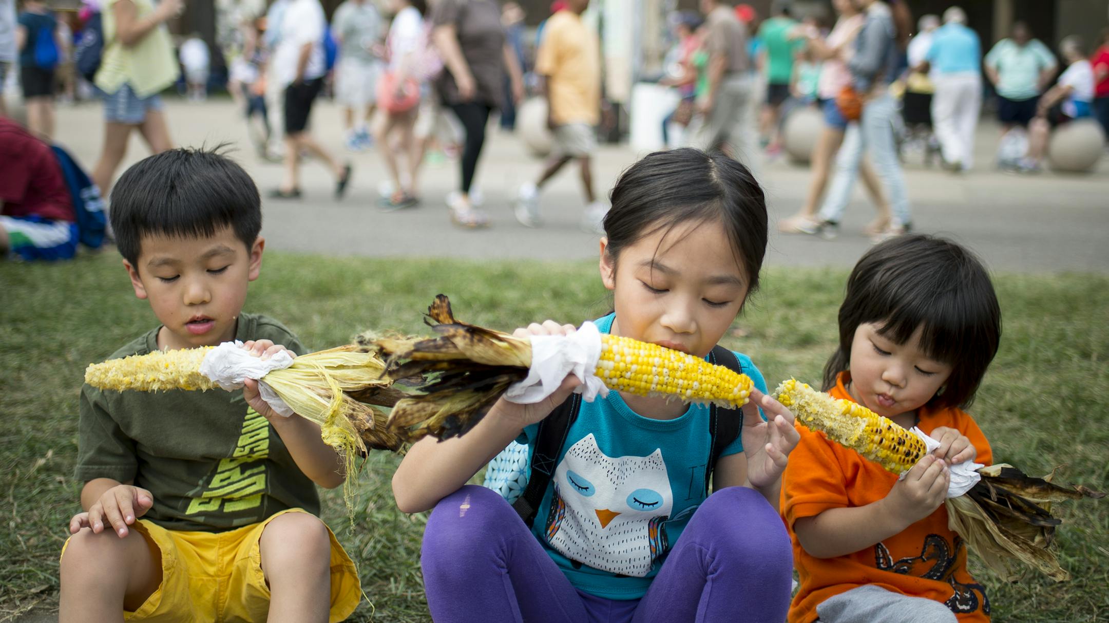 Kylie Yu, 9, center, chowed down on sweet corn ears with her younger brothers, Michael, 5, left, and Charlie, 3, at the Minnesota State Fair Thursday. ] Aaron Lavinsky • aaron.lavinsky@startribune.com Food photos for the Minnesota State Fair food review on Saturday. Photographed Thursday, August 27, 2015.