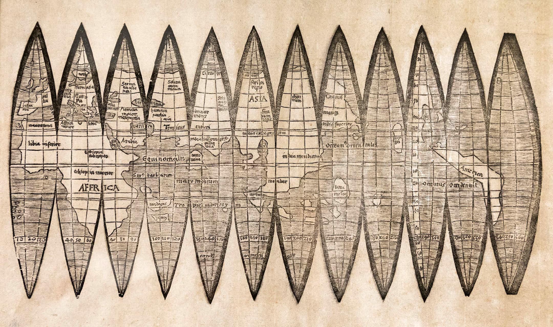 An original print of Martin Waldseem¸ller's 1507 globe gores map.