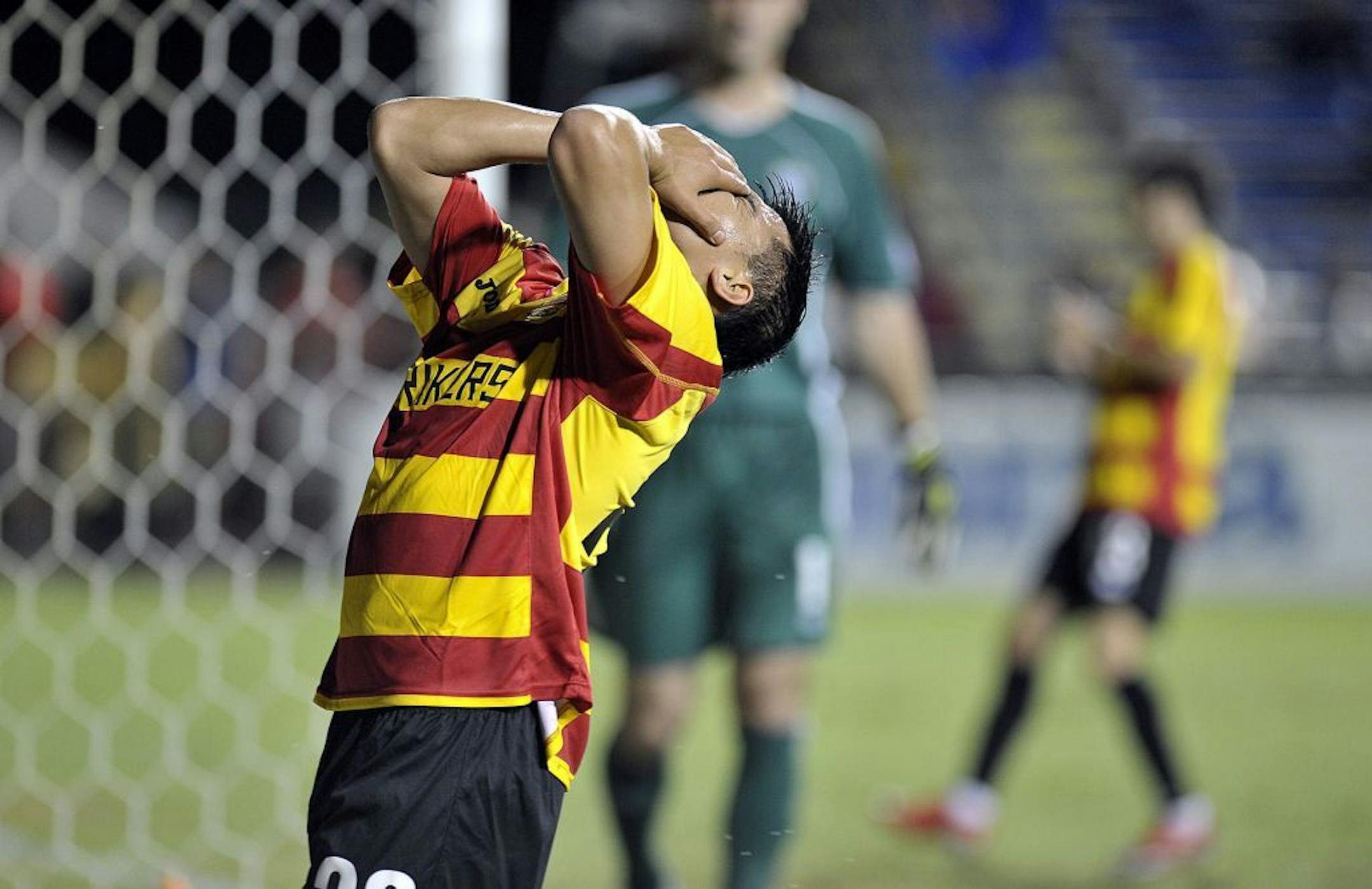 Fort Lauderdale Strikers Gerson Mayen reacts to missing a chance to score a goal during the first half against the Minnesota Stars in the NASL Championship Series Finals on Saturday, October 29, 2011, at Lockhart Stadium, in Fort Lauderdale, Florida.