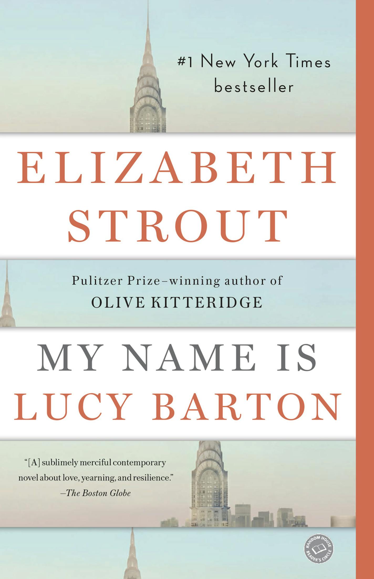 cover of My Name Is Lucy Barton features images of the tops of distant skyscrapers