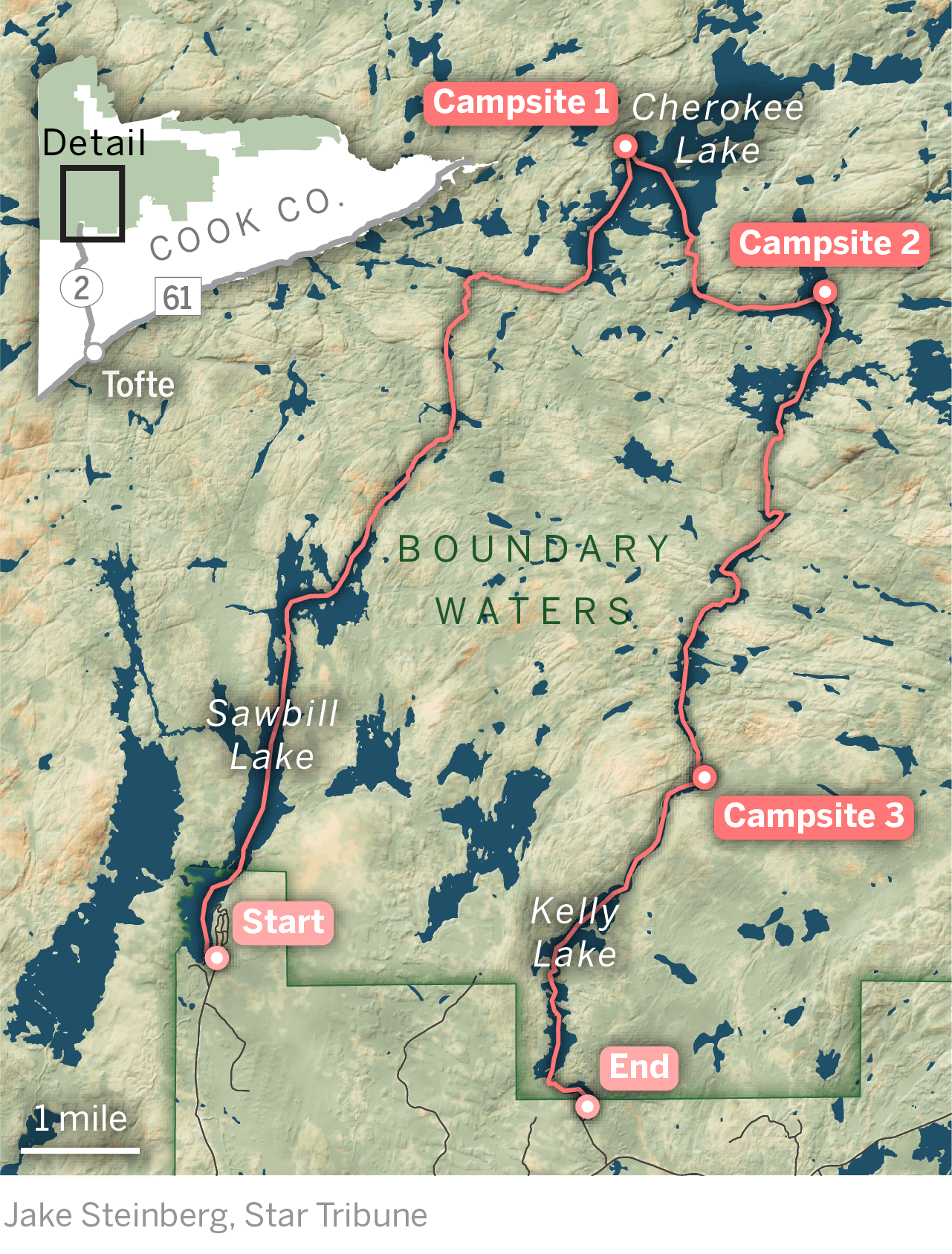 A map of a route in the Boundary Waters.
