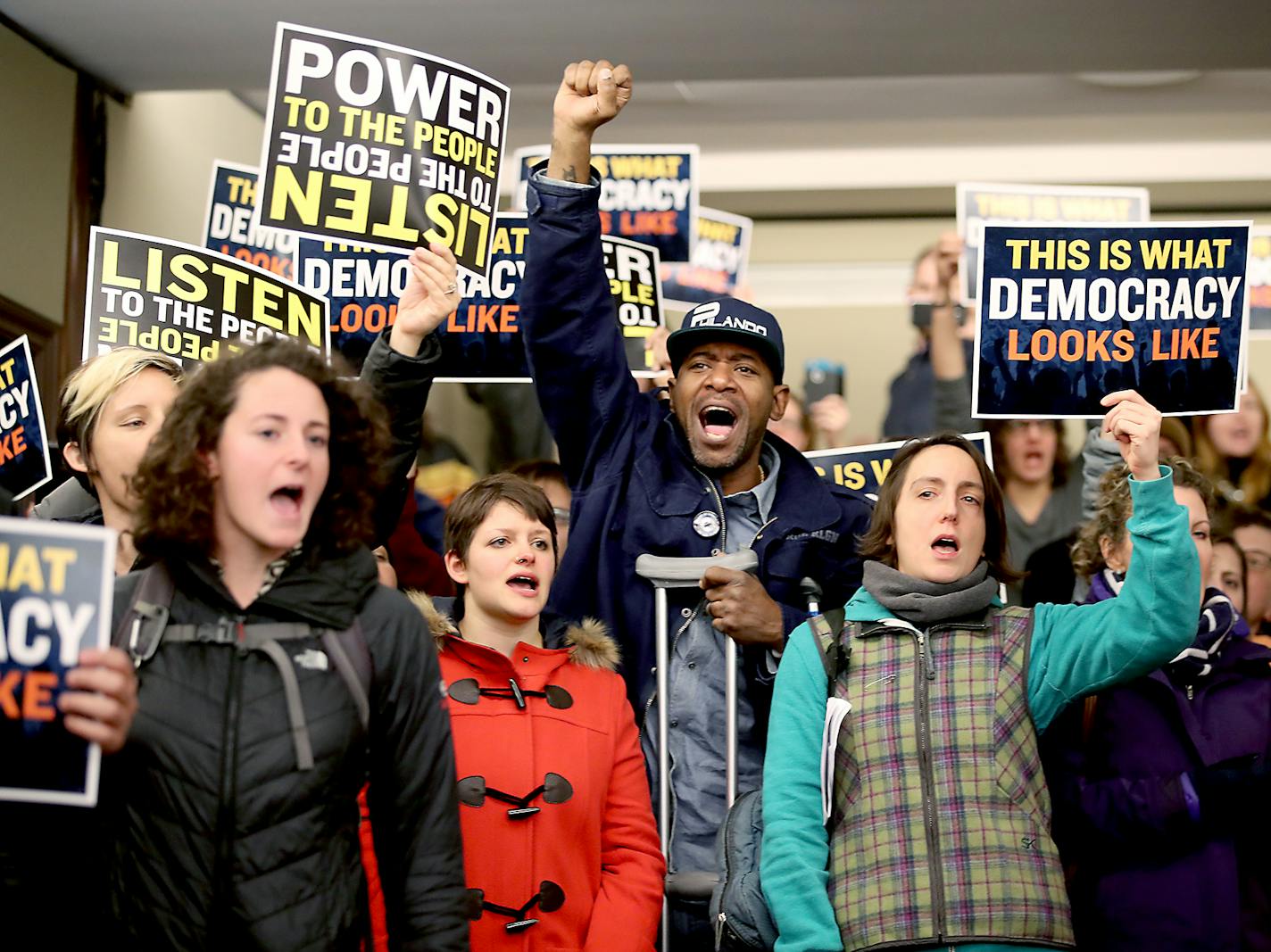 John Thompson, center, was among many who attended a hearing regarding a bill about protesting that became angry after the vote at the State Legislature, Tuesday, January 24, 2017 at the State Office Building in St. Paul.