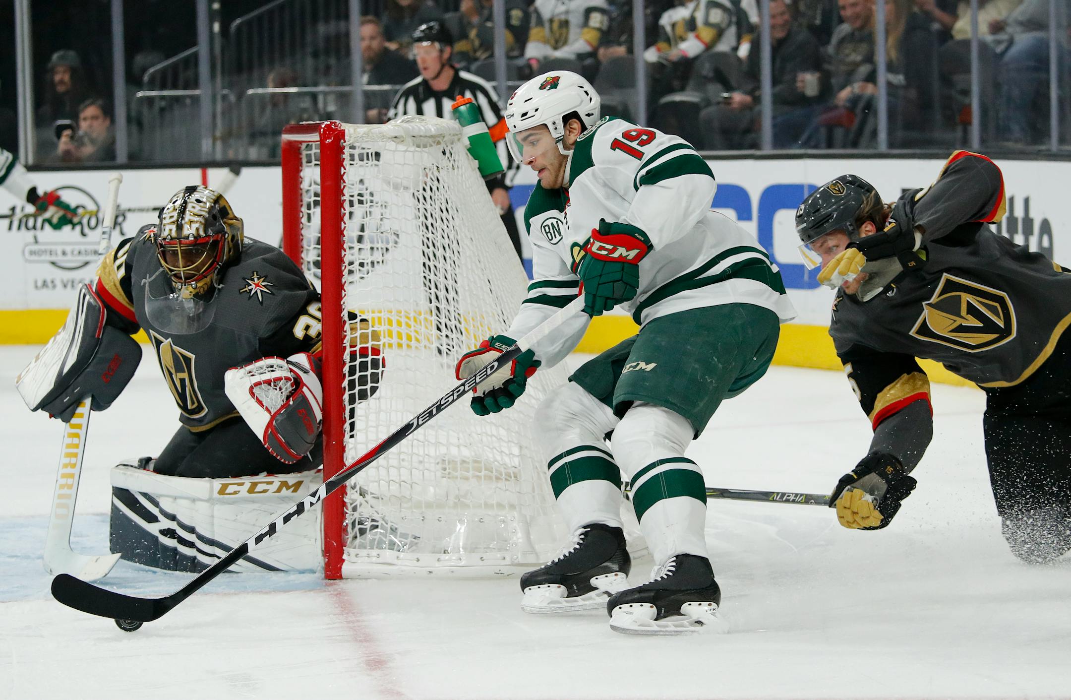 Minnesota Wild center Luke Kunin shoots against Vegas goaltender Malcolm Subban