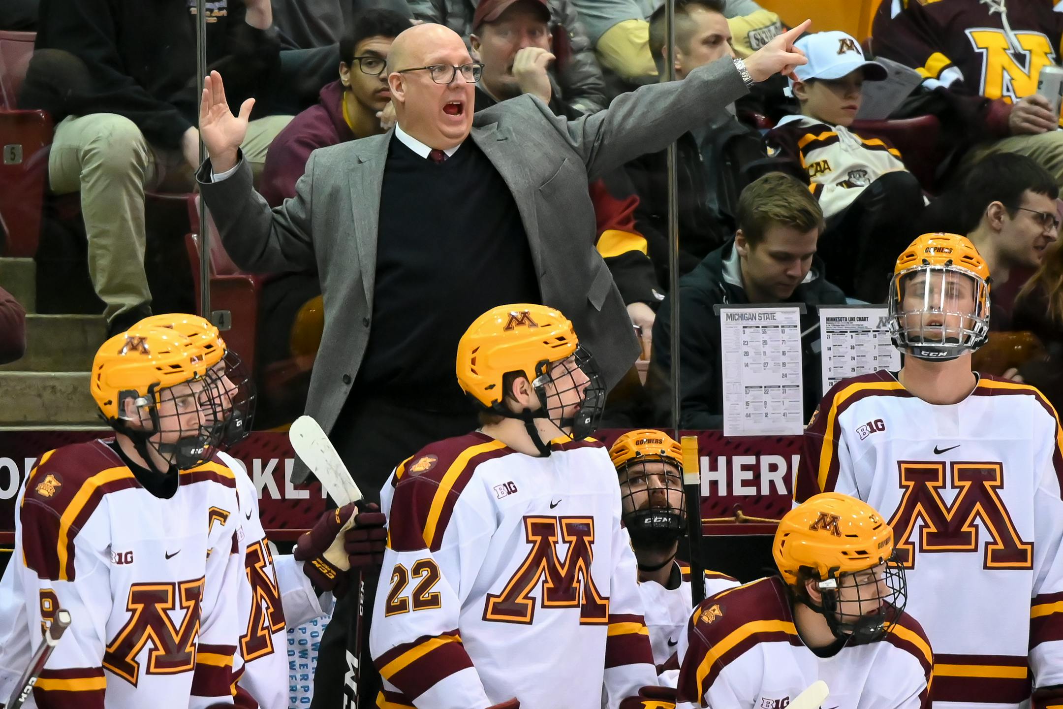 Gophers coach Bob Motzko directed his team in the second period against Michigan State last weekend.