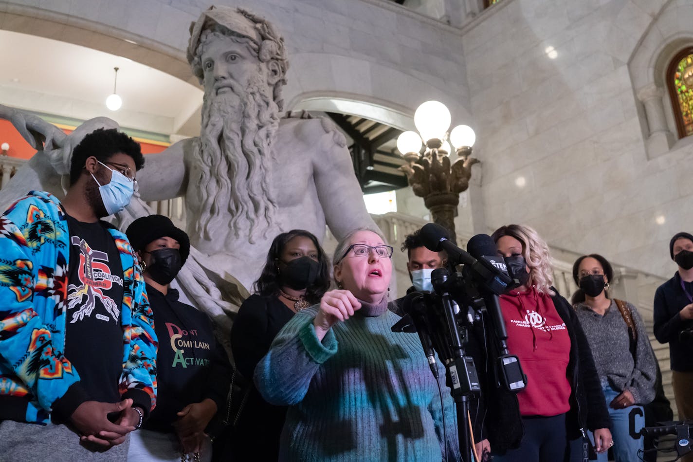 Michelle Gross, founder of Communities United Against Police Brutality, spoke at the press conference, Friday, Feb. 4, 2022, Minneapolis, Minn. Communities United Against Police Brutality held a press conference at City Hall to ask questions on police action related to the killing of Amir Locke. ] GLEN STUBBE • glen.stubbe@startribune.com