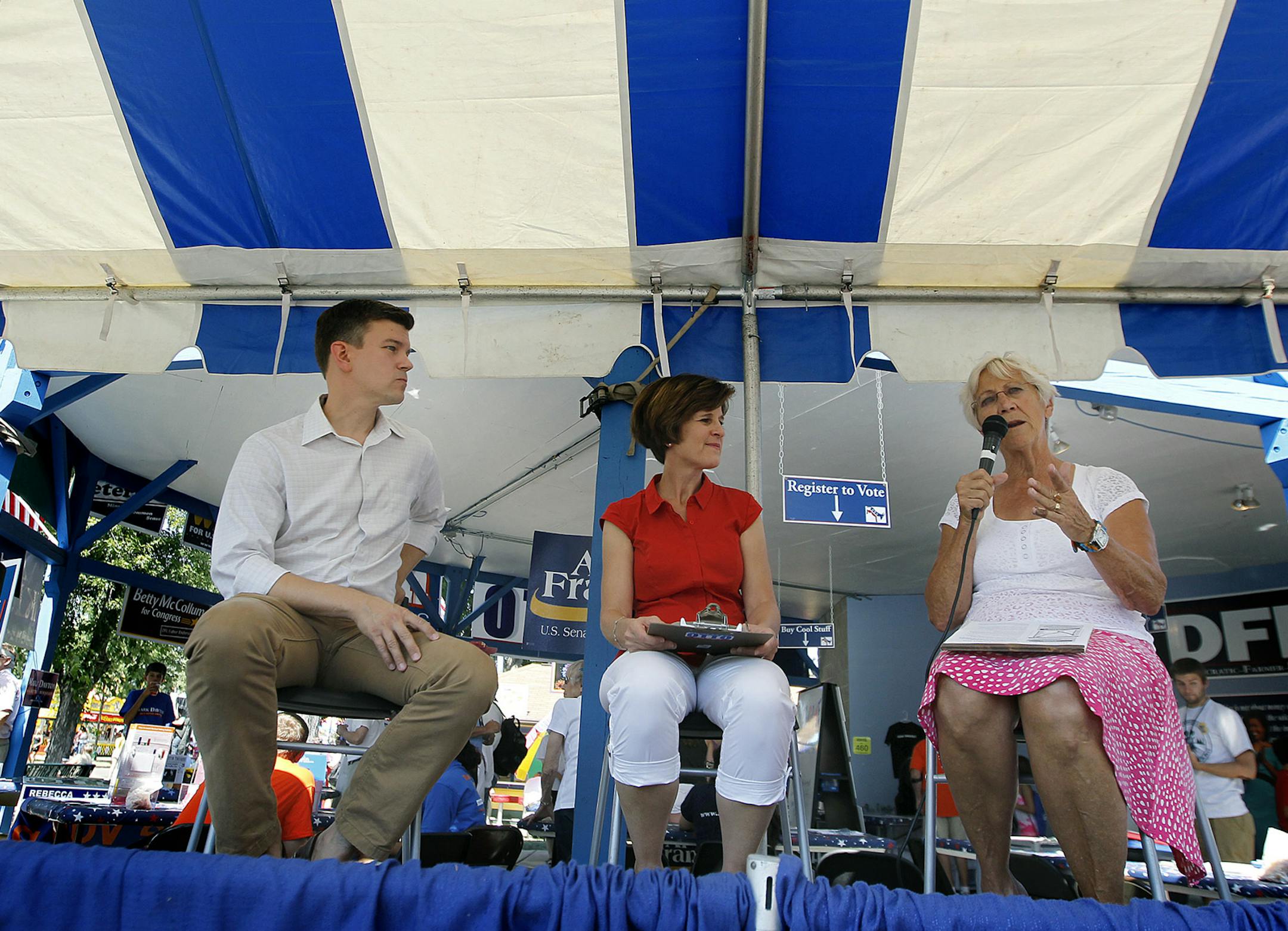Rebecca Otto, center, led a discussion about education with Rep. Ryan Winkler, left, an Sen. Alice Johnson in the Democratic Headquarters at the Minnesota State Fair, Friday, August 23, 2013 in Falcon Heights, MN> (ELIZABETH FLORES/STAR TRIBUNE) ELIZABETH FLORES • eflores@startribune.com