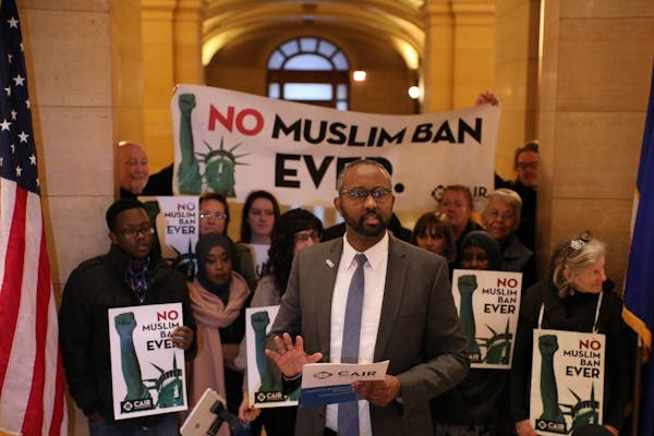 CAIR executive director Jaylani Hussein spoke during a press conference to denounce President Donald Trump's travel ban Tuesday.