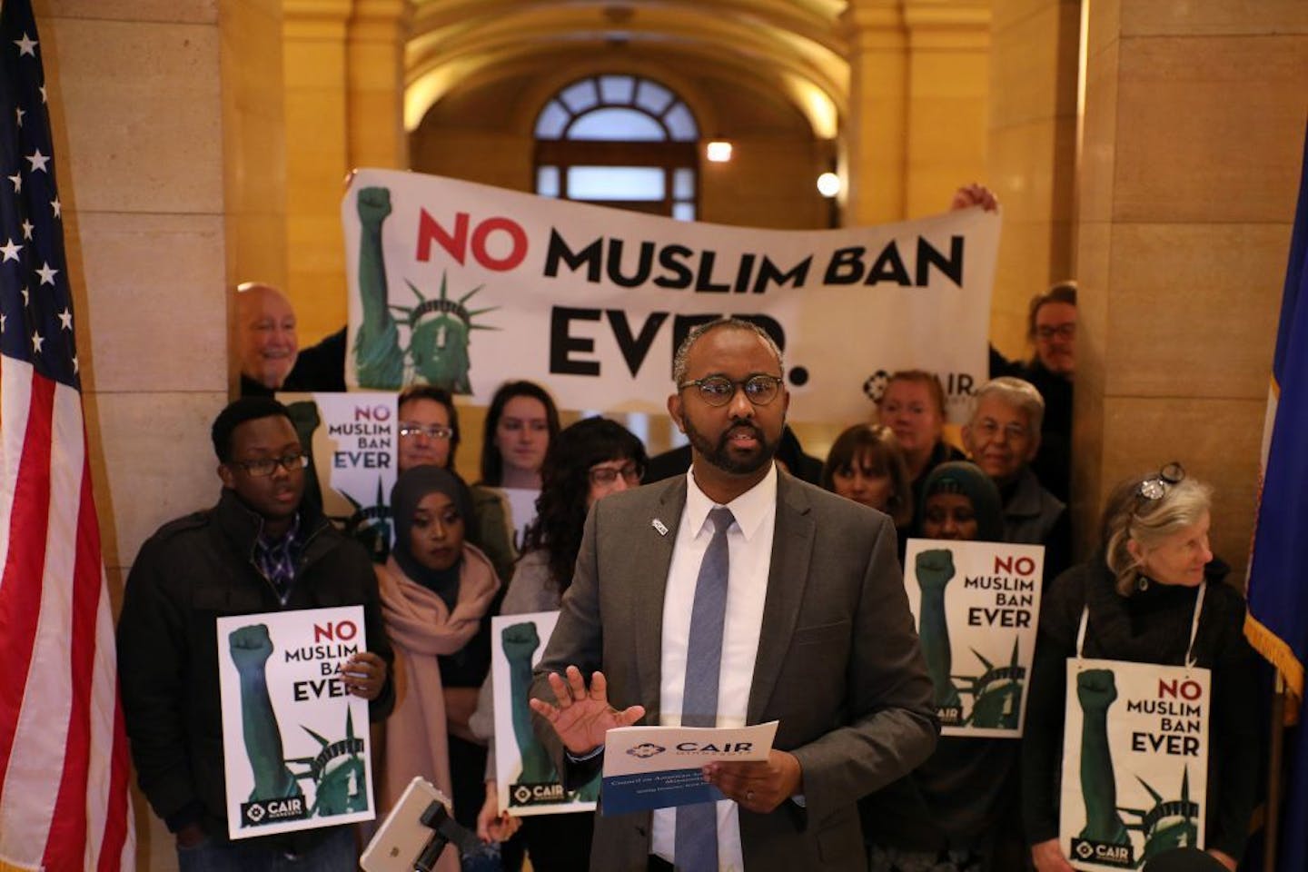 CAIR executive director Jaylani Hussein spoke during a press conference to denounce President Donald Trump's travel ban Tuesday.