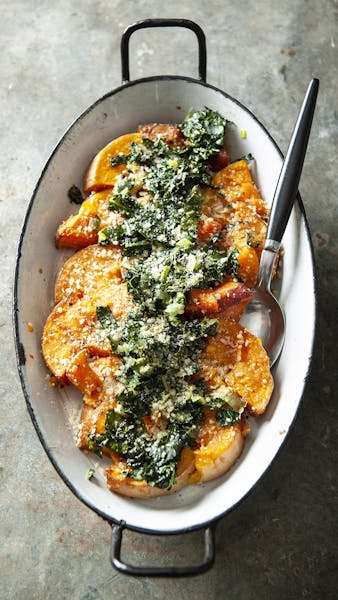 Roasted Butternut Squash With Sizzled Kale and Parmesan.