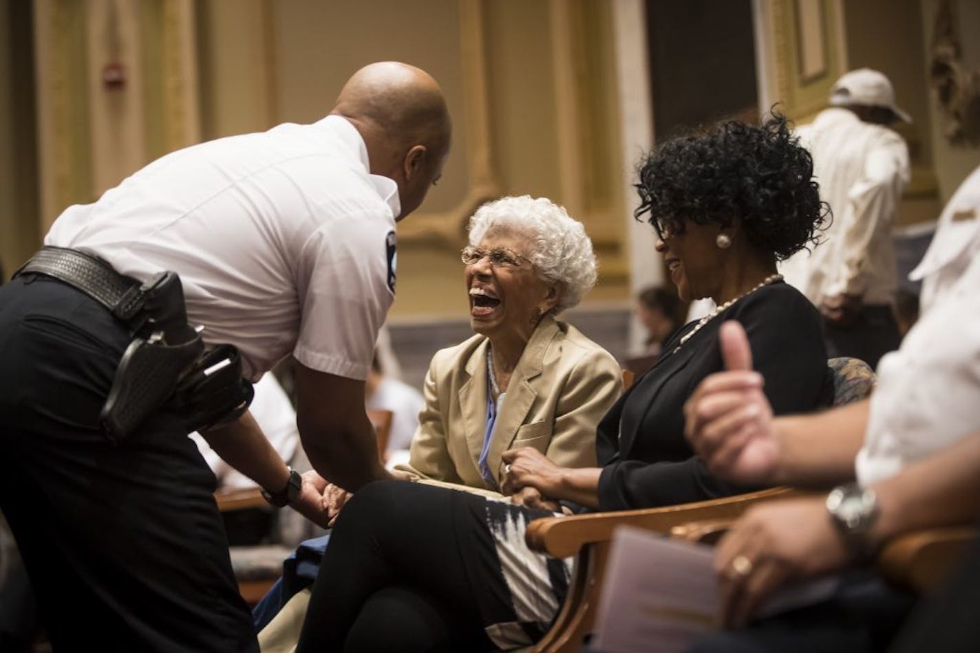 Chief Medaria Arradondo chatted with local civil rights leader Dr. Josie Johnson at a city council meeting where he was voted to be Minneapolis police chief on Friday, August 18, 2017 at City Hall in Minneapolis, Minn.