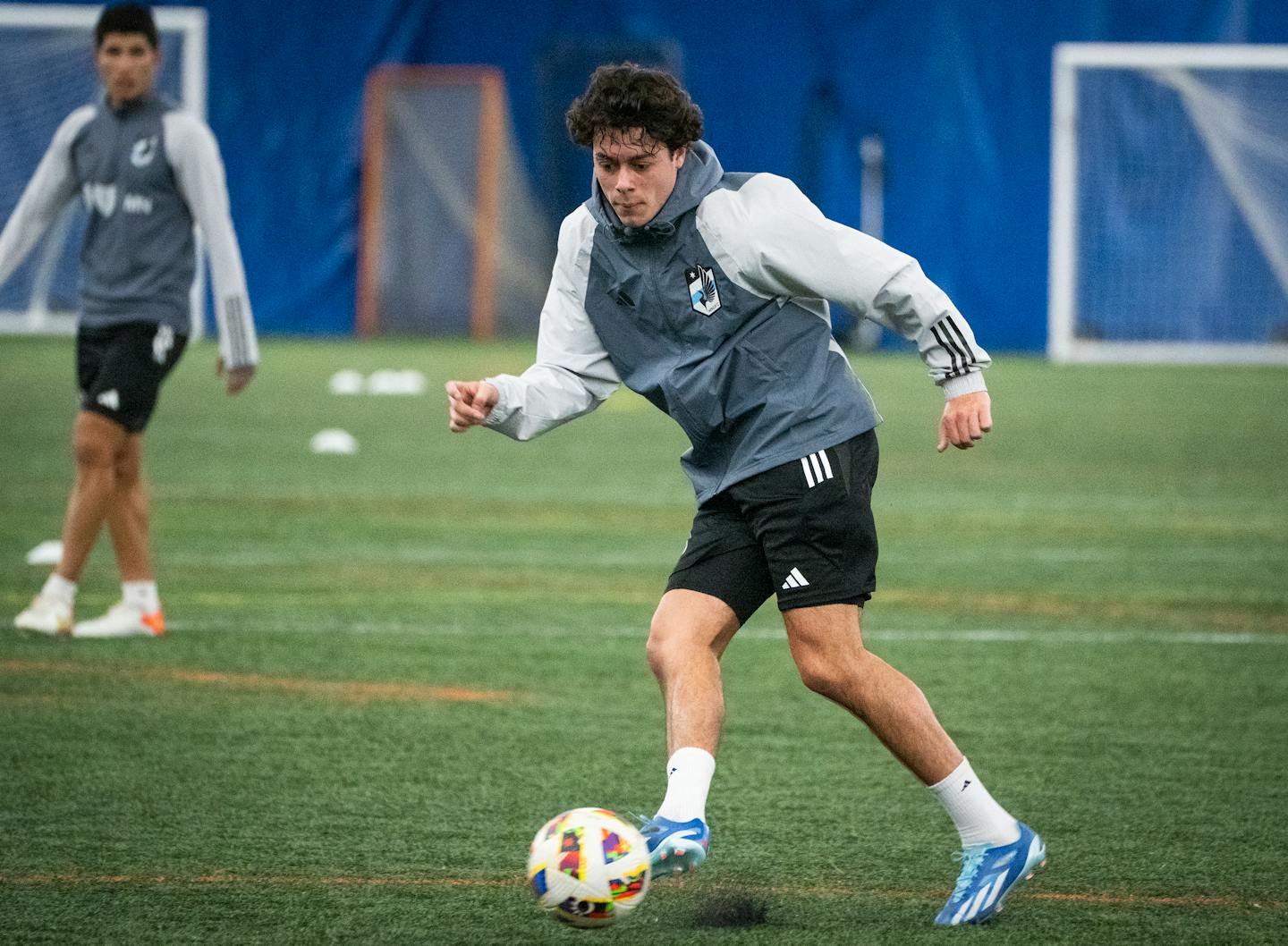 Caden Clark plays during Minnesota United practice at the National Sports Center in Blaine, Minn. Tuesday, Jan. 16, 2024. ] LEILA NAVIDI • leila.navidi@startribune.com