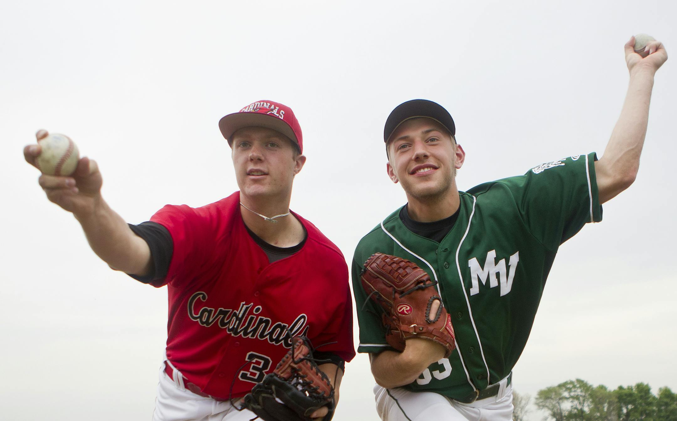 Pitchers Logan Shore, left, of Coon Rapids and Max Knutson of Mounds View High School, posed for a portrait at Coon Rapids High School. They share the Baseball Metro Player of the Year honors, pitching well — and often — during a spring schedule compacted by rain.