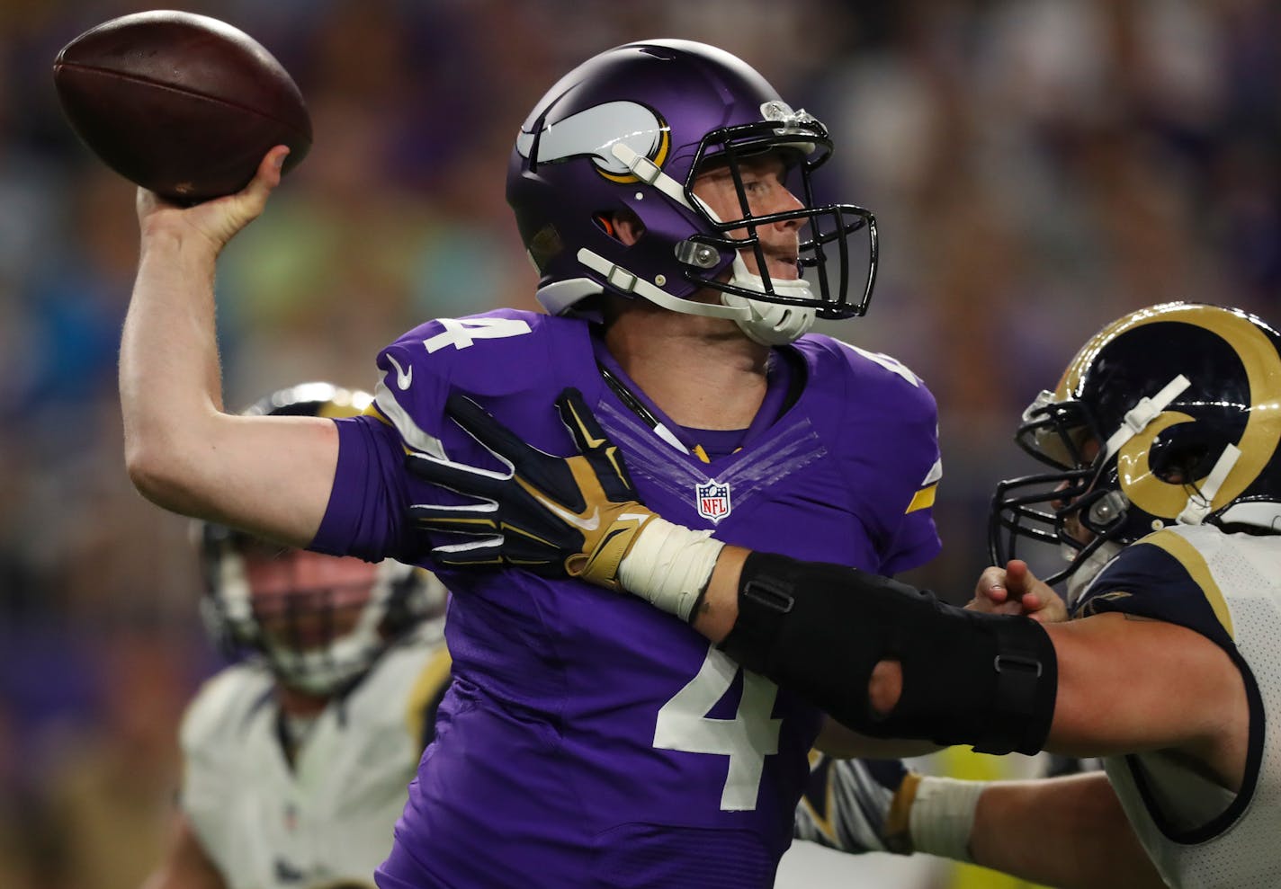 Third string Vikings quarterback Brad Sorensen stepped into the game early when Joel Stave was injured late in the second quarter. ] JEFF WHEELER � jeff.wheeler@startribune.com The Minnesota Vikings played the Los Angeles Rams in their final game of the NFL preseason Thursday night, September 1, 2016 at U.S. Bank Stadium in Minneapolis.