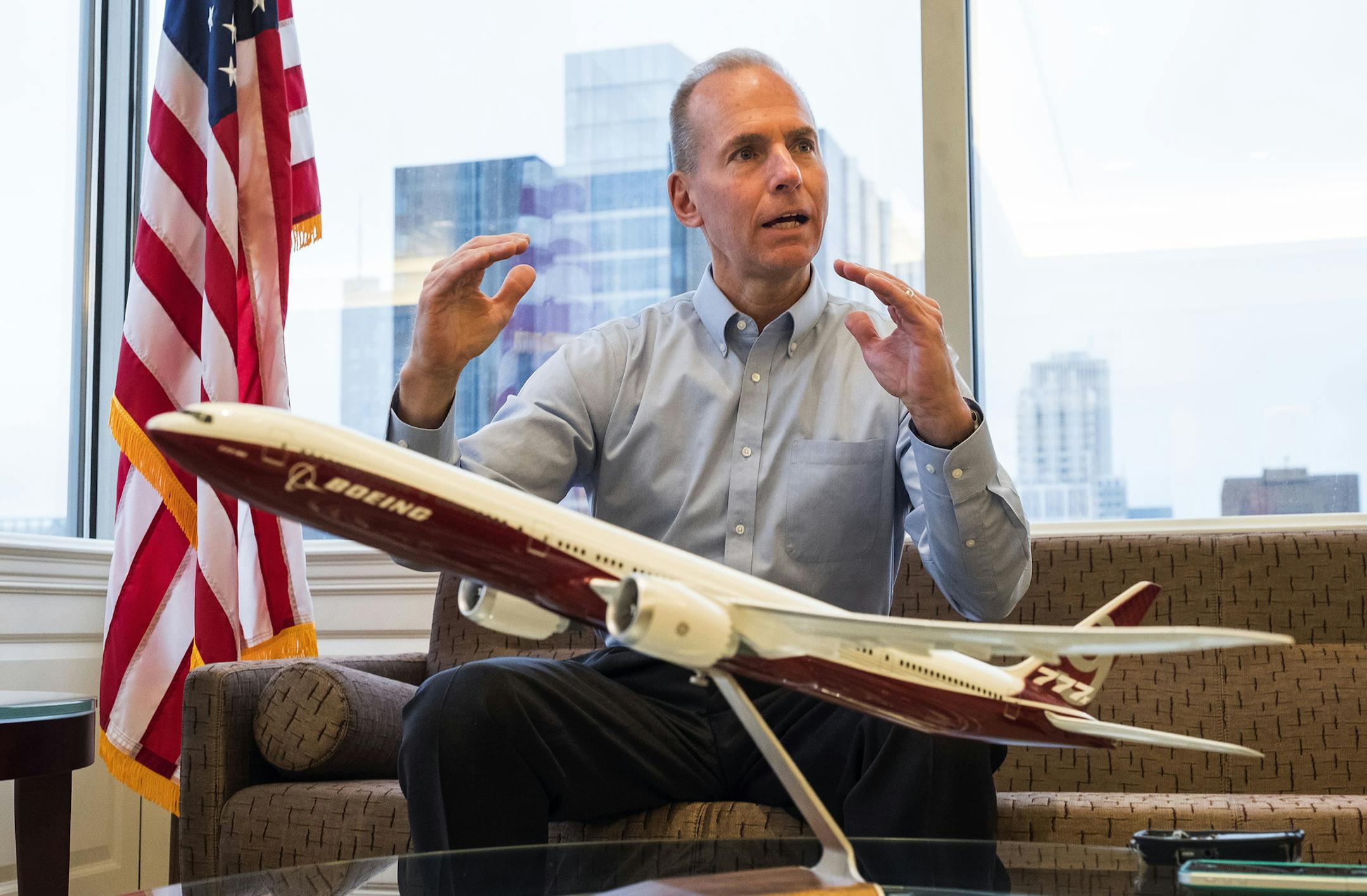 Boeing CEO Dennis Muilenburg, pictured at company headquarters in January, told investors Wednesday the 777X jet's GE engines would not be ready for first flight until early 2020. (Dean Rutz/The Seattle Times/TNS)