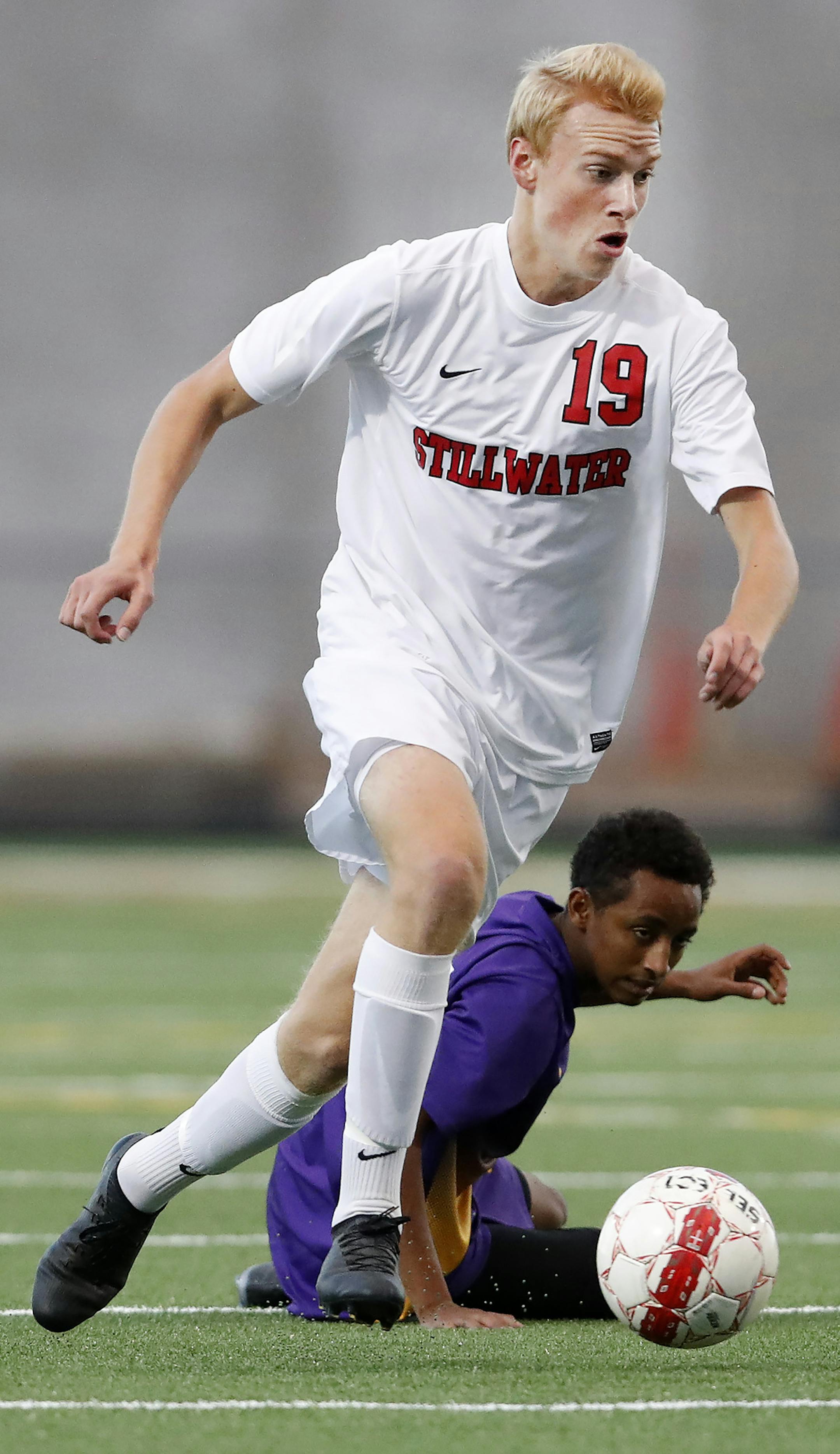Colman Farrington (19) of Stillwater High School. ] CARLOS GONZALEZ cgonzalez@startribune.com - September 13, 2016, Oak Park Heights, MN, Stillwater High School / Prep boys soccer team that started the season 6-0. ñ Stillwater vs. Cretin-Derham Hall