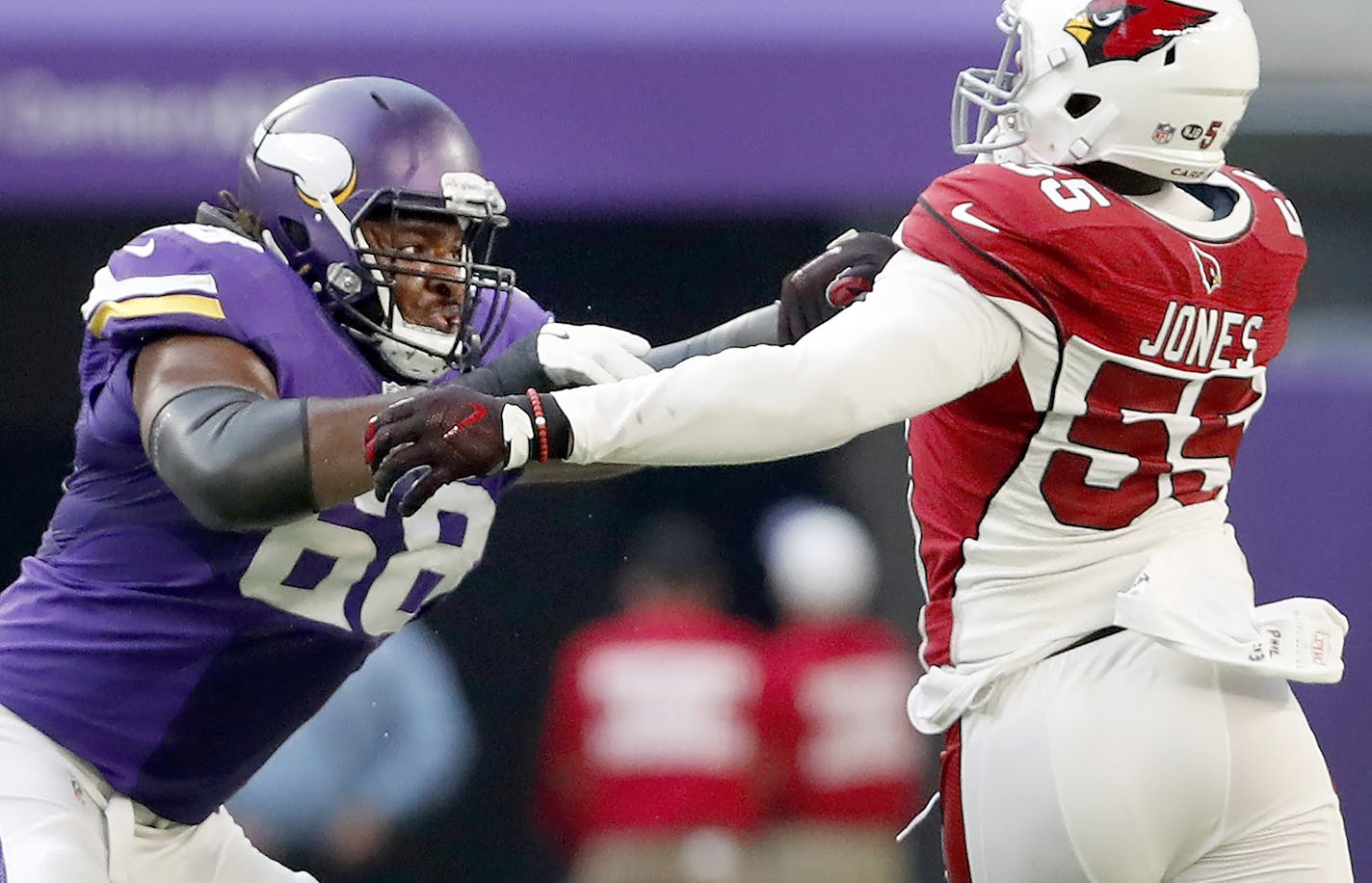 Vikings tackle T.J. Clemmings (68) blocked Chandler Jones (55) in the third quarter.