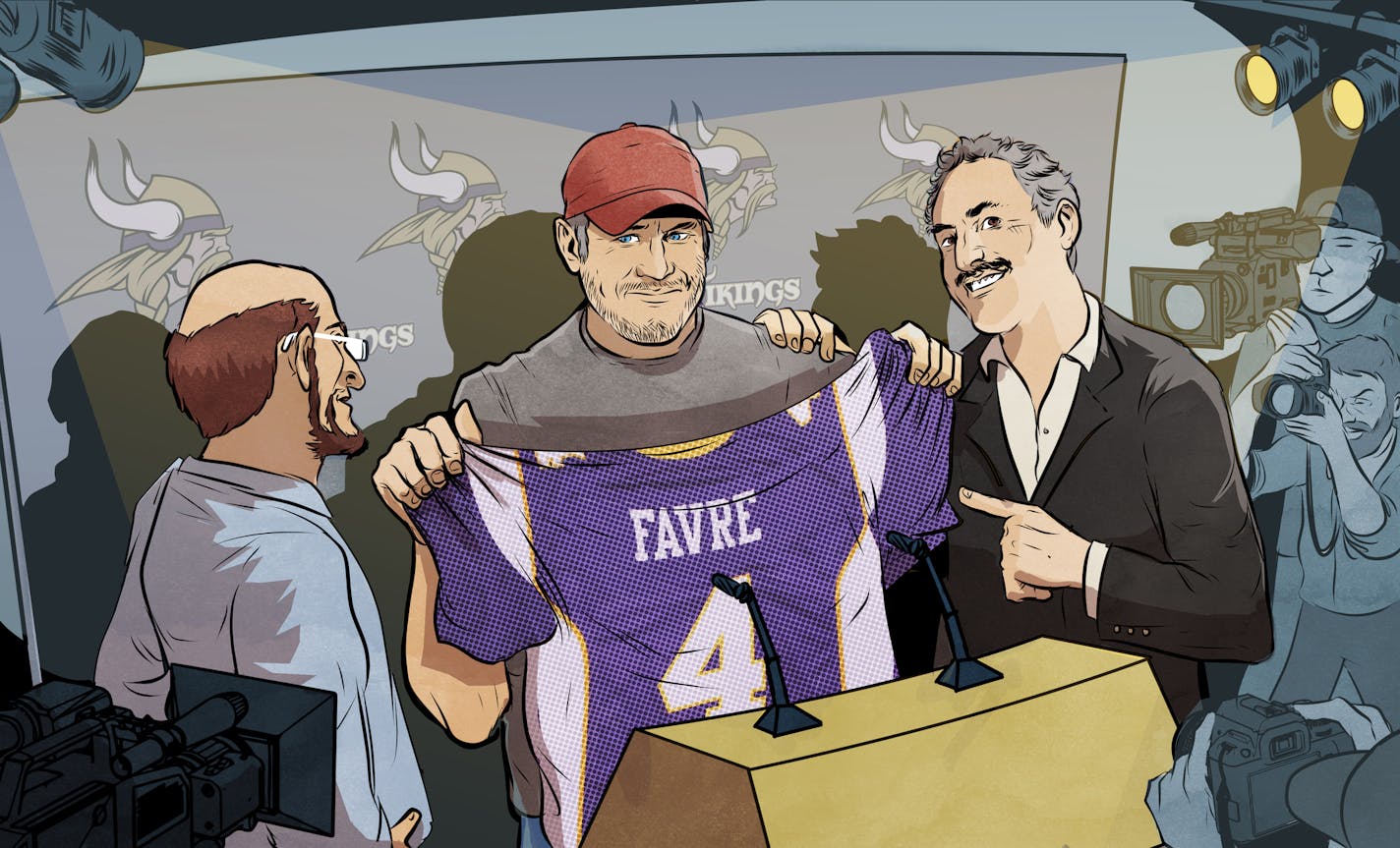 Inside illustration to go with the Oral History of Brett Favre's Arrivale in Minneapolis. This image has Favre holding up his new Vikings jersey at a press conference, while standing next to owner Ziggy Wilf and former head coach Brad Childress. Publication date is August 18, 2019. Illustration by Rafa Alvarez, Special to the Star Tribune